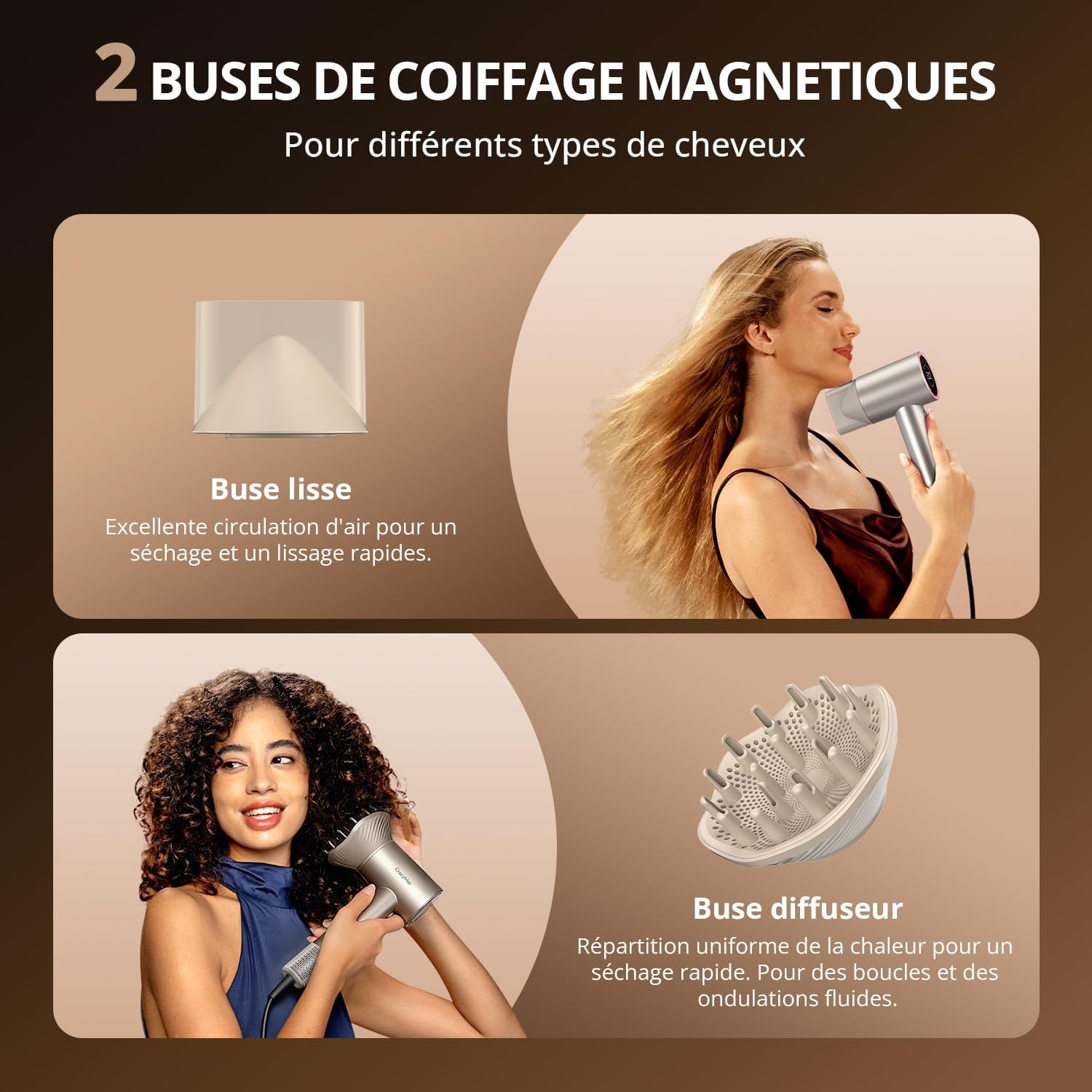 Sèche-cheveux ionique - Pro 180000 RPM - léger, compact, 4 températures, protection surchauffe