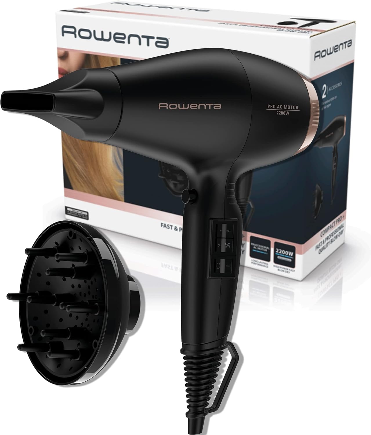 Rowenta - Compact Pro - sèche-cheveux 2200W, moteur AC, 4 réglages, diffuseur, CV6930