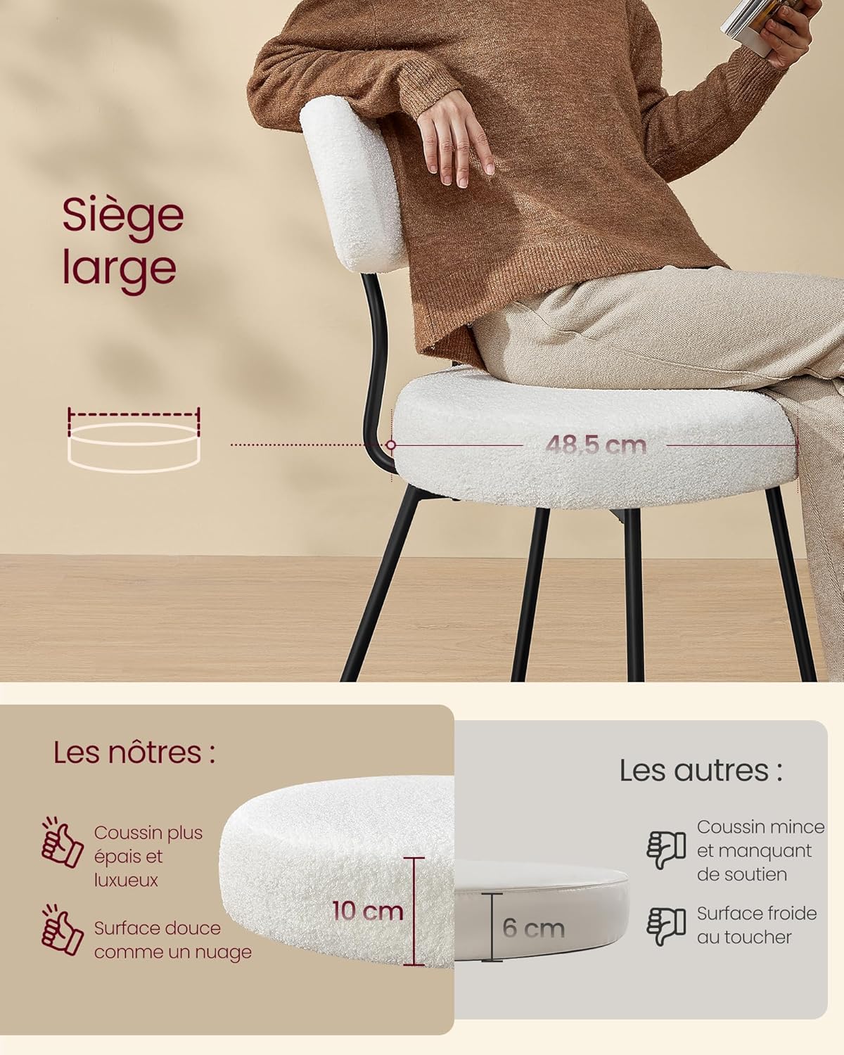VASAGLE - lot de 2 chaises modernes, tissu peluche, acier, blanc KDC110W01