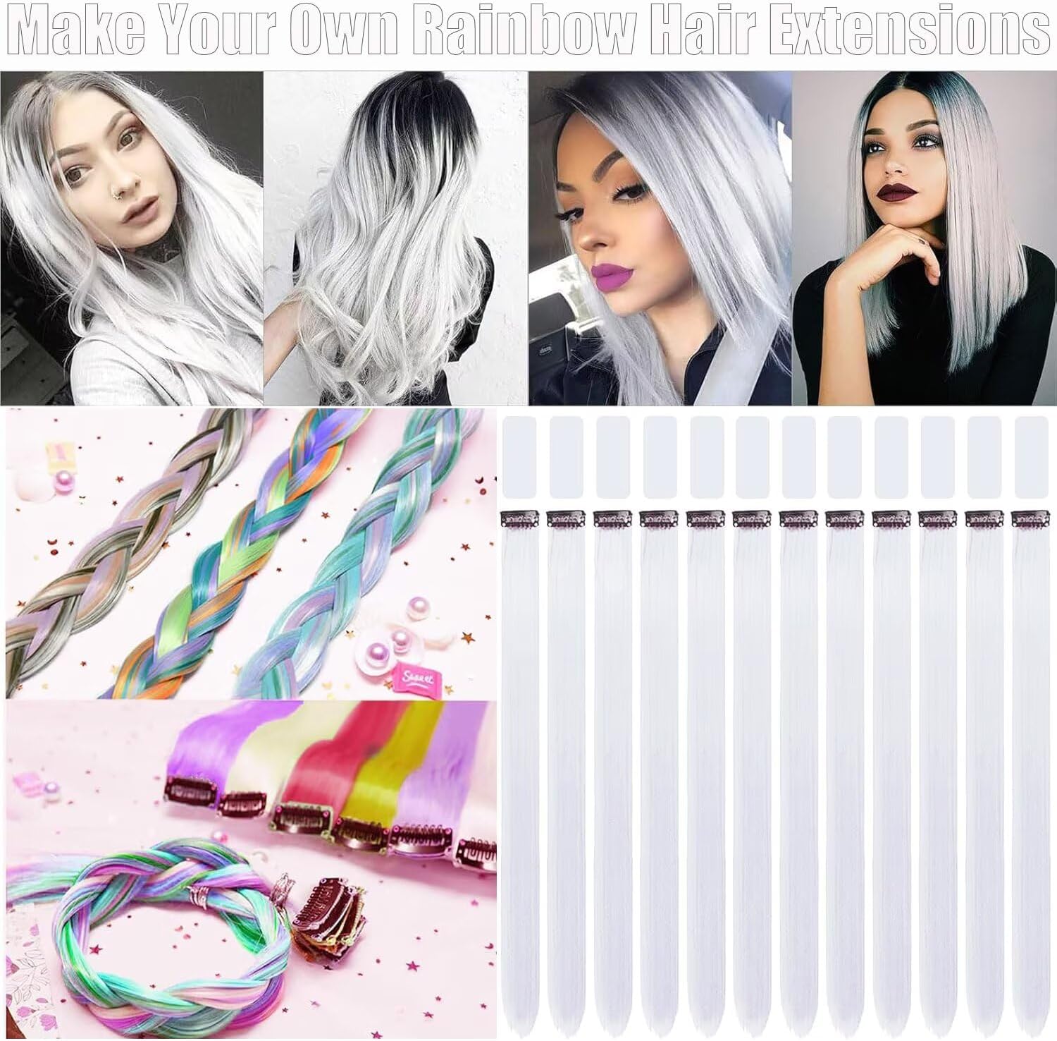 Mèche de cheveux à clipser - 55 cm - 12 mèches, blanches, accessoires enfants