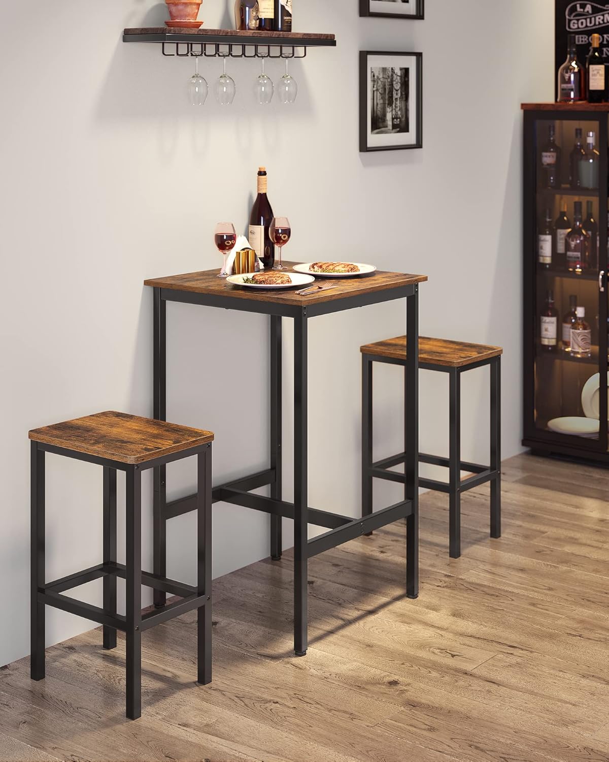 VASAGLE - Ensemble table de bar 2 tabourets, compact, bois métal, LBT017B01