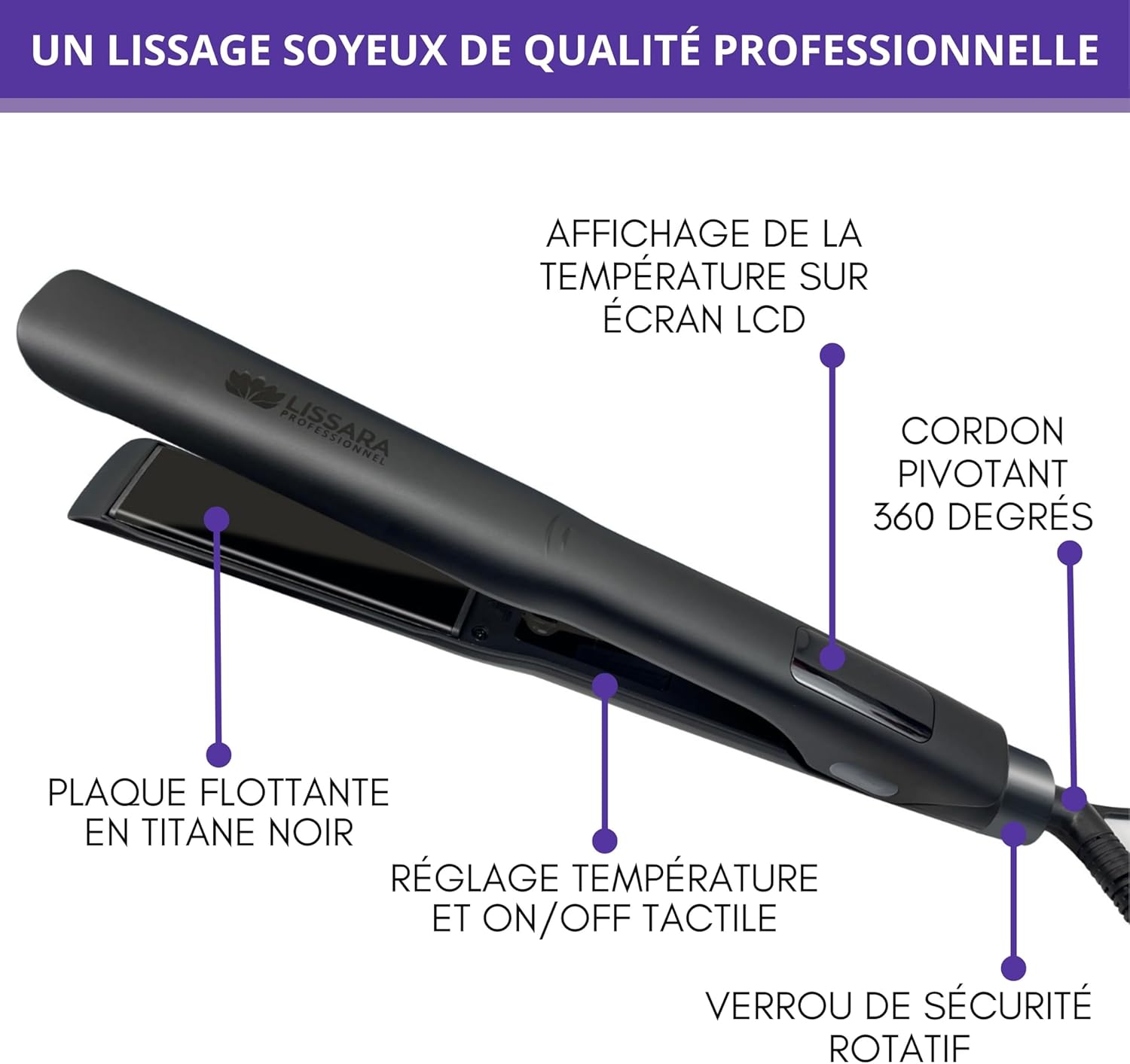 LISSARA - Classic Evolv Noir - plaques Black Titanium flottantes - 250°C, lissage brésilien