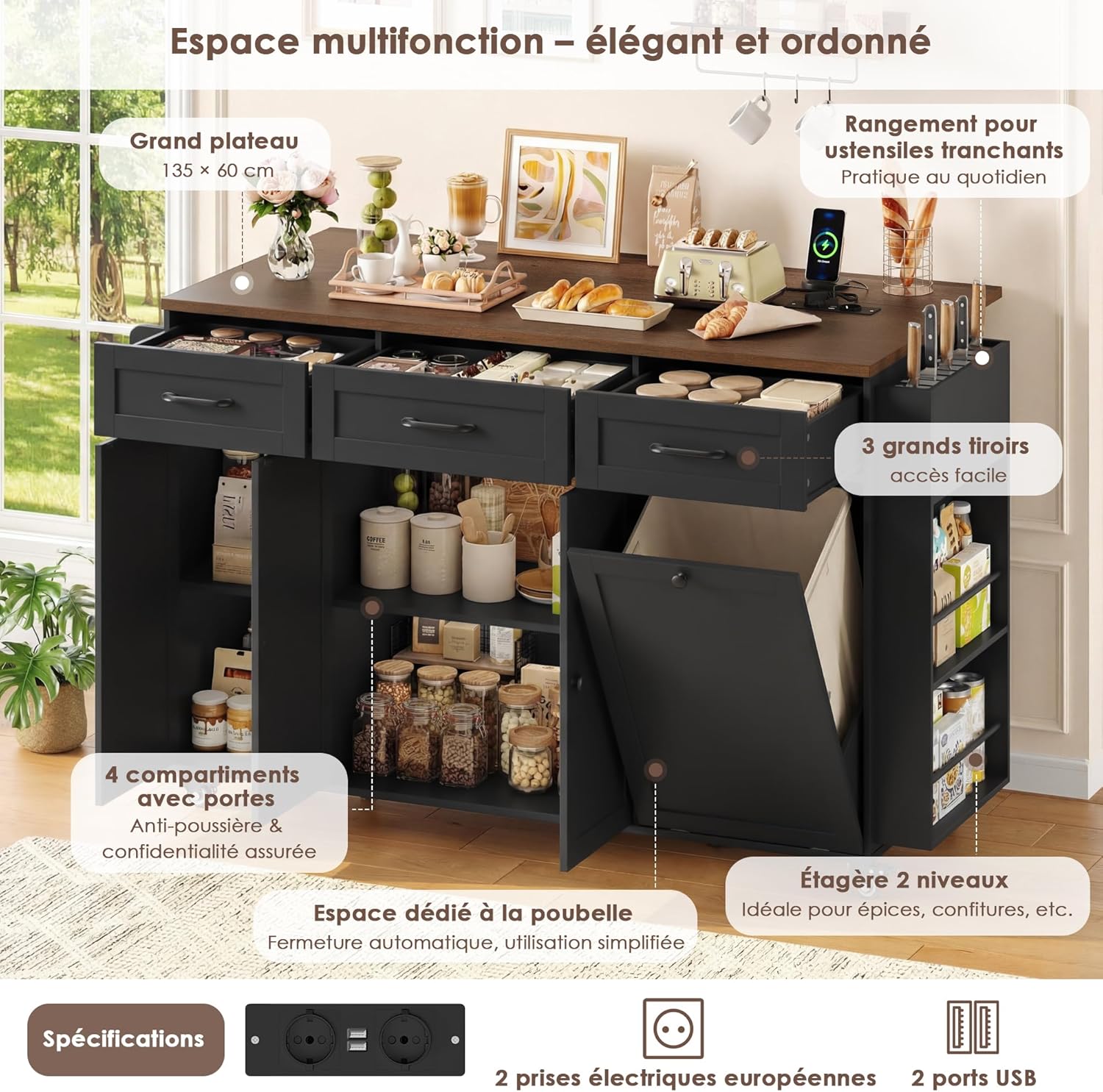 FirFurd - Ilot cuisine pliable sur roulettes, 135x60x88cm, USB et rangement