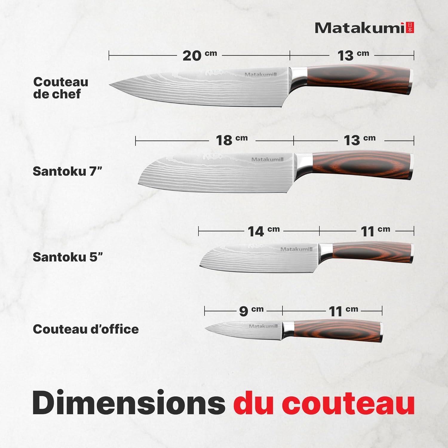 Matakumi - Set couteaux japonais damassé 4 pièces, acier carbone, manche ergonomique
