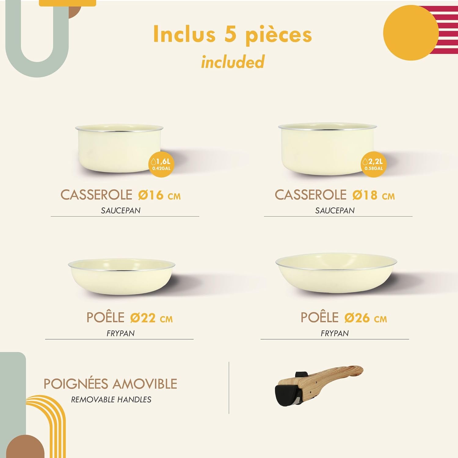 MENASTYL - Colorama - 2 poêles, 2 casseroles, poignée amovible - céramique induction