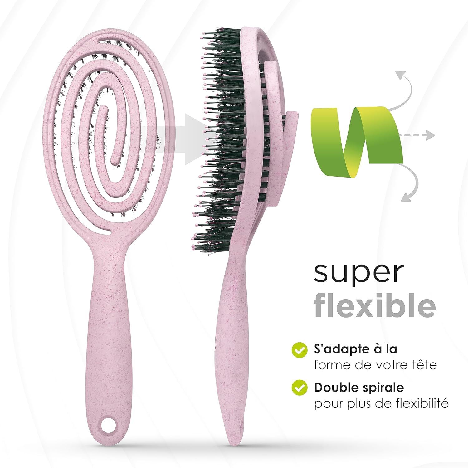 FABCARE - Brosse cheveux série innovante - poils sanglier, double ressort, styling sans douleur - Rose