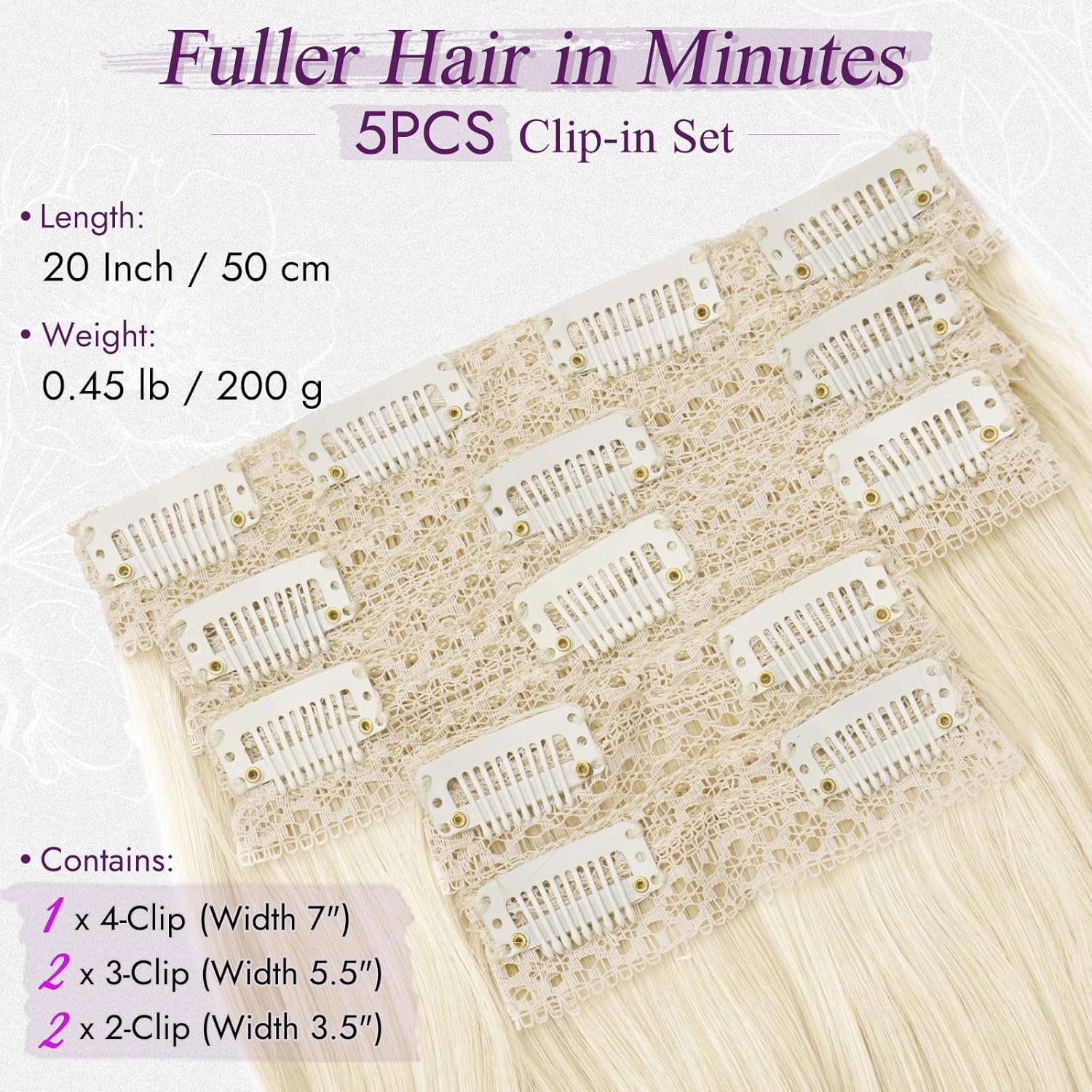 BARSDAR - extension à clips longue ondulée 50cm, platine blond, 5pcs