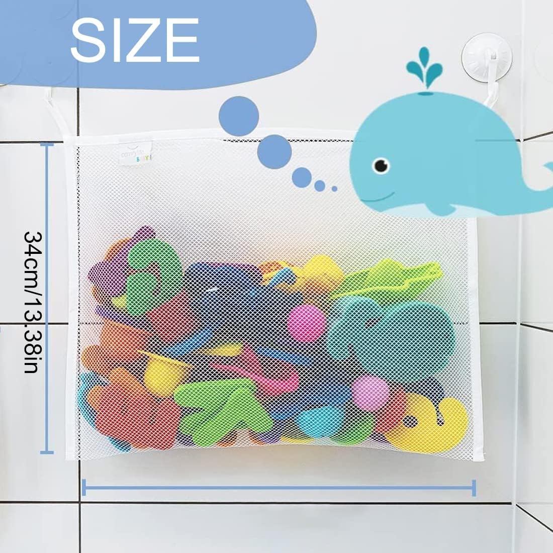 Filet de rangement jouets bain - animaux marins - 2 ventouses, poche lavable