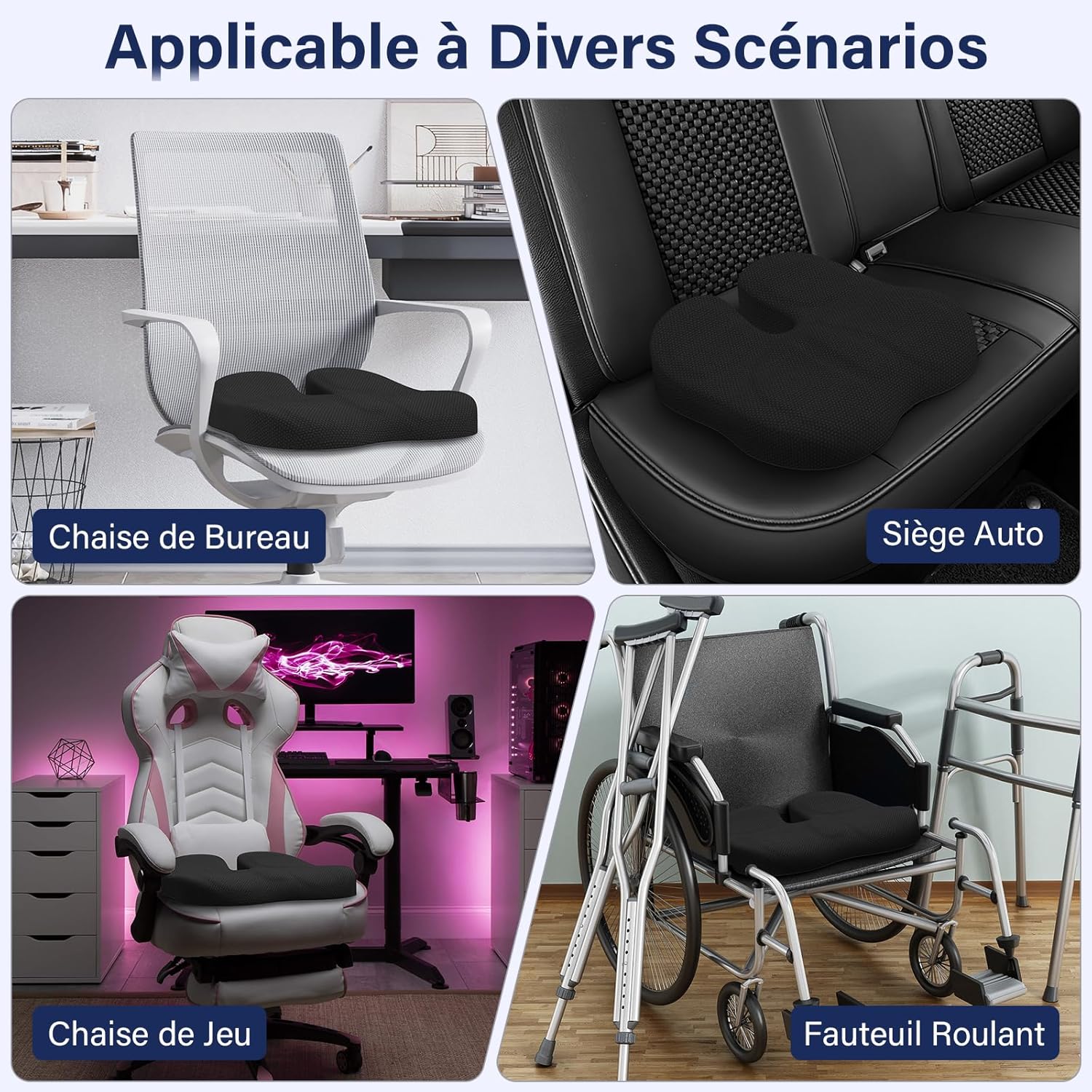 Coussin siège ergonomique - soulage coccyx et sciatique, noir, confort bureautique