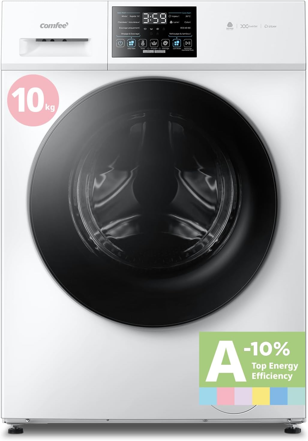 COMFEE' - lave-linge 10kg, vapeur, moteur BLDC, tactile, blanc, CFP03EW100W-FR