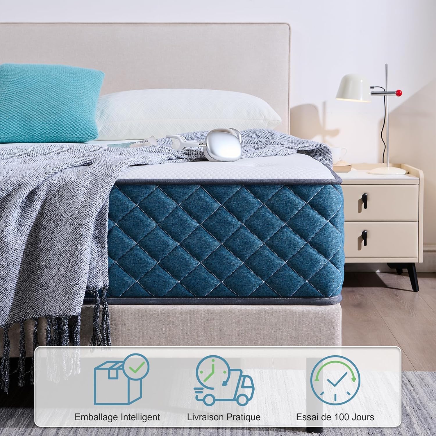 Matelas - Ressorts ensachés & mémoire de forme - 140x190x22 cm - soutien moyen, durable, respirant