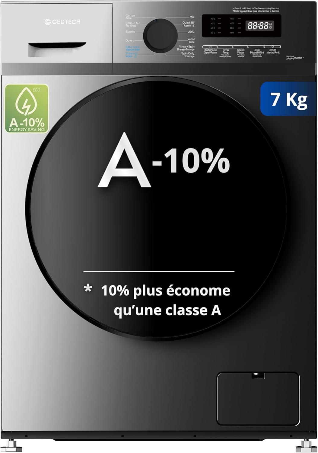 GEDTECH - Lave-linge frontal 7kg, 1200 tr/mn, 16 programmes, éco, GLL71200BL