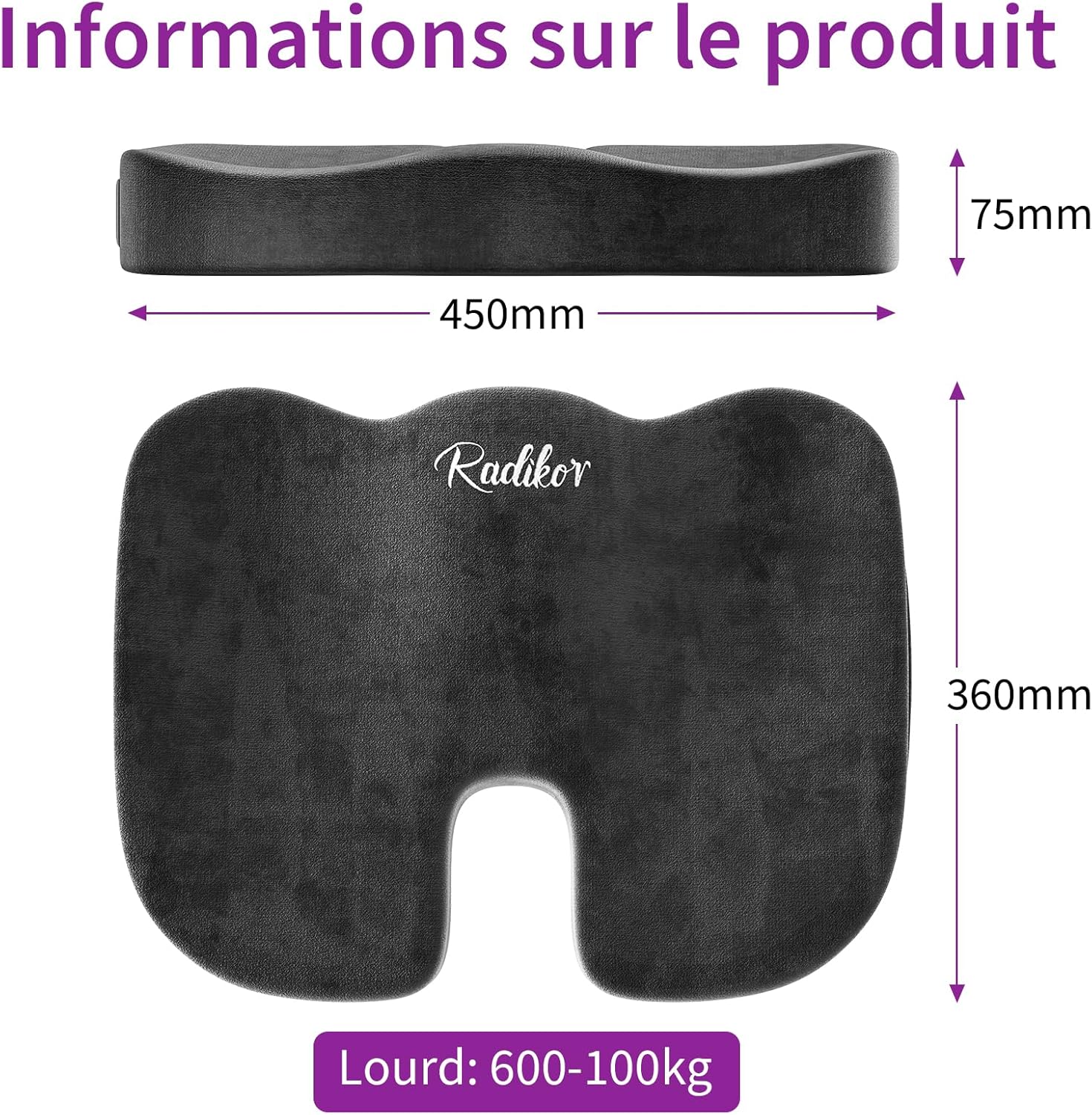 Coussin coccyx - ergonomique mousse mémoire, antidérapant, noir