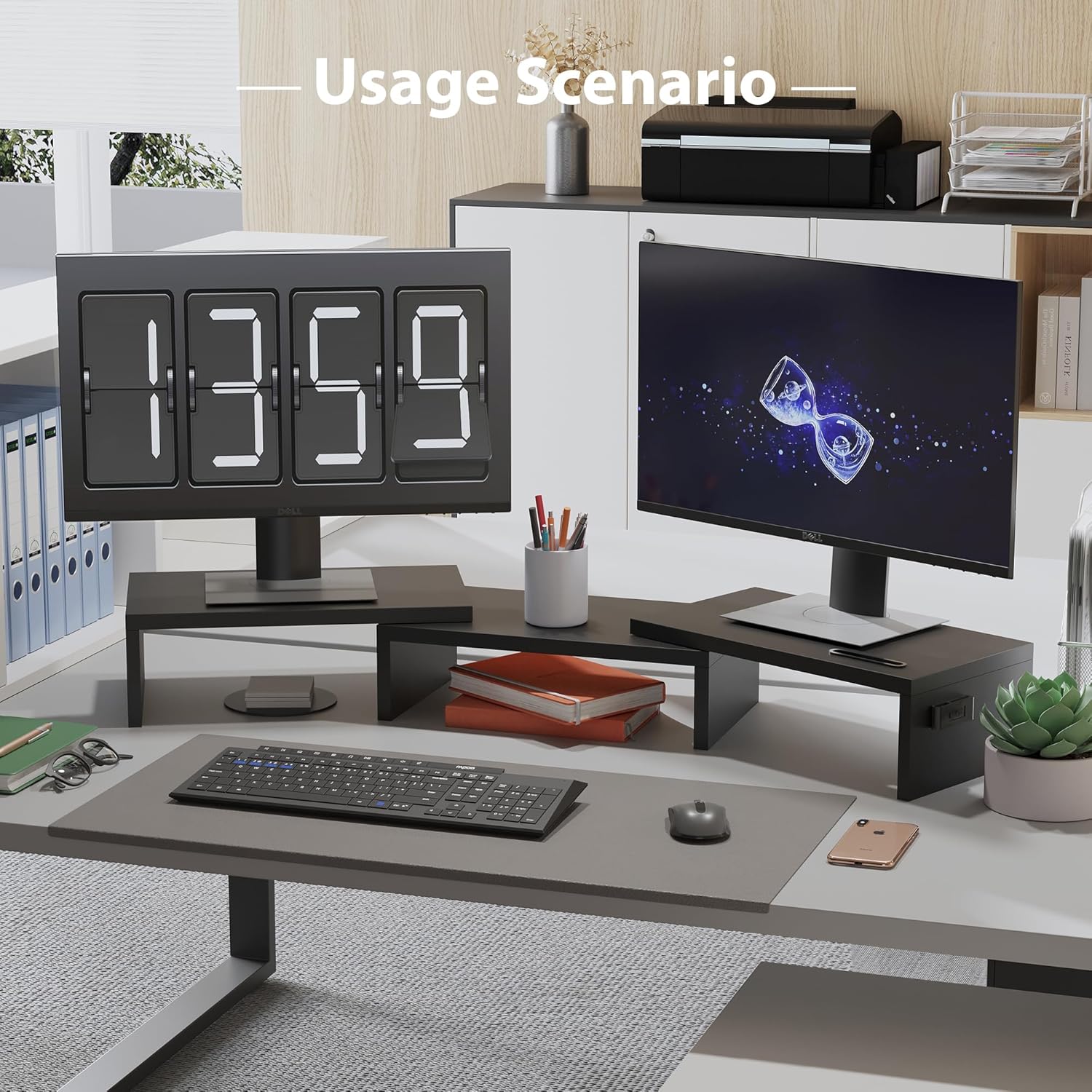 BONTEC - support moniteur double ajustable bois, noir - longueur réglable