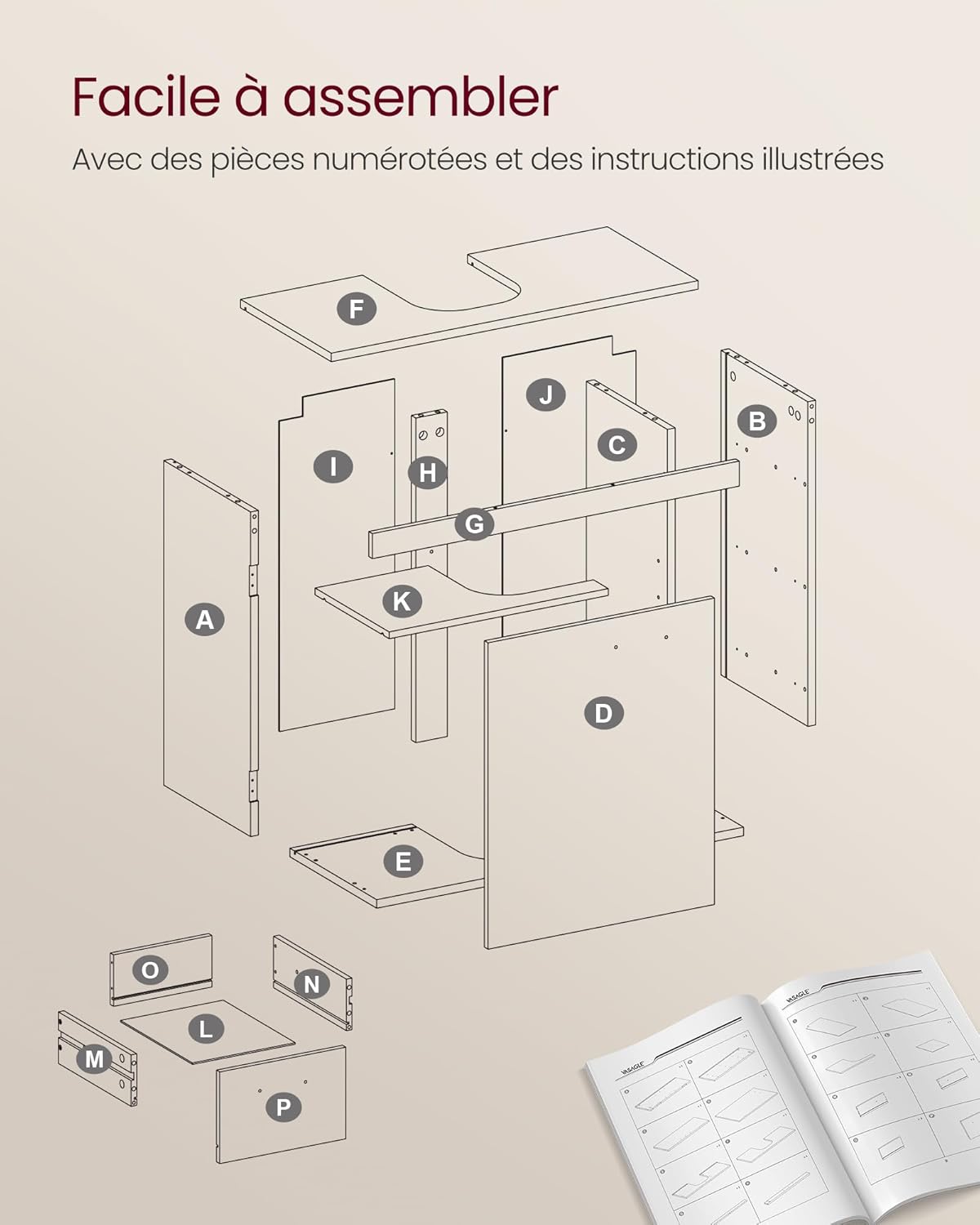 VASAGLE - meuble sous lavabo 3 tiroirs 2 cases 30x70x64cm BBK504W01
