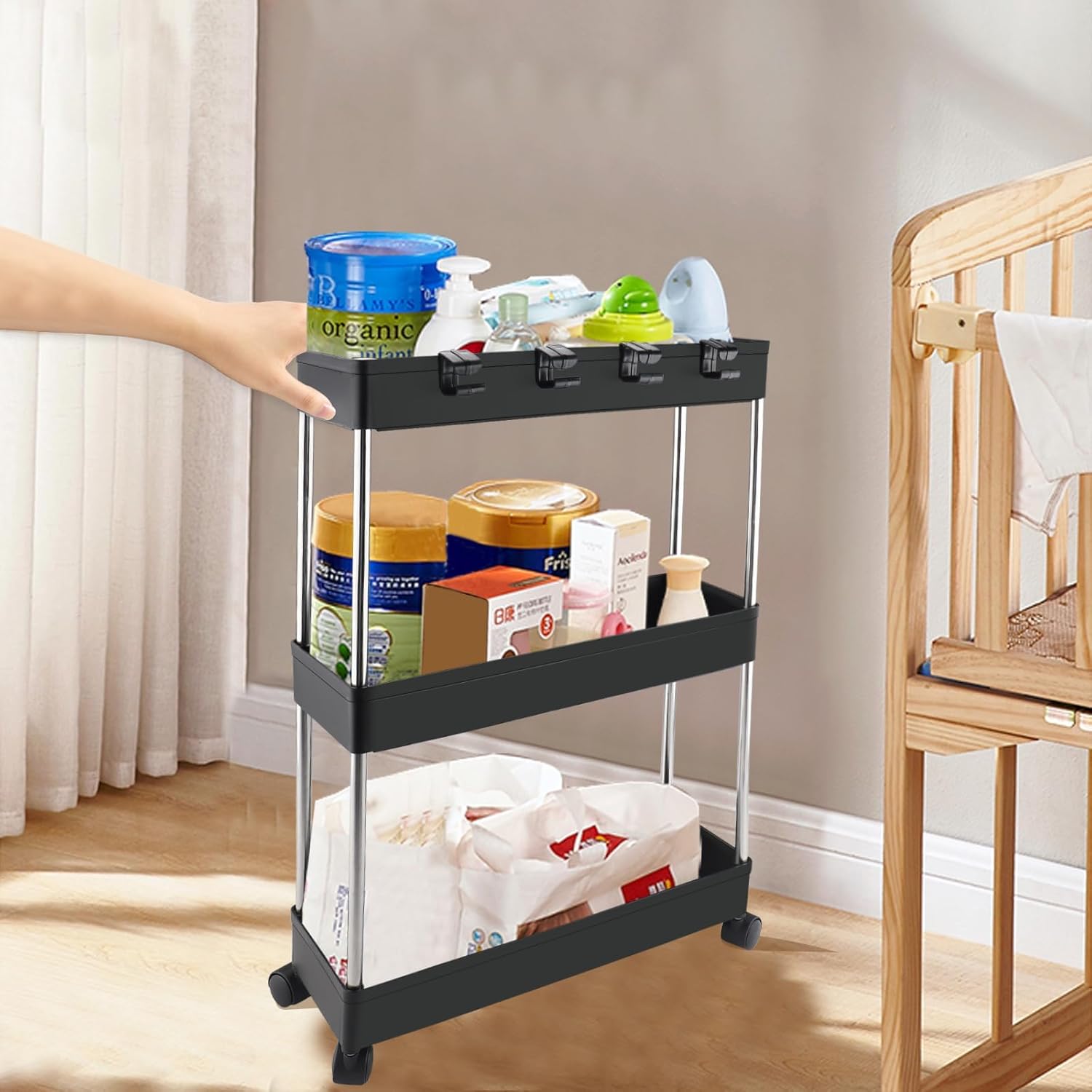 Chariot de rangement 3 niveaux - mobile - étagère à roulettes - usage bureau/maison - noir