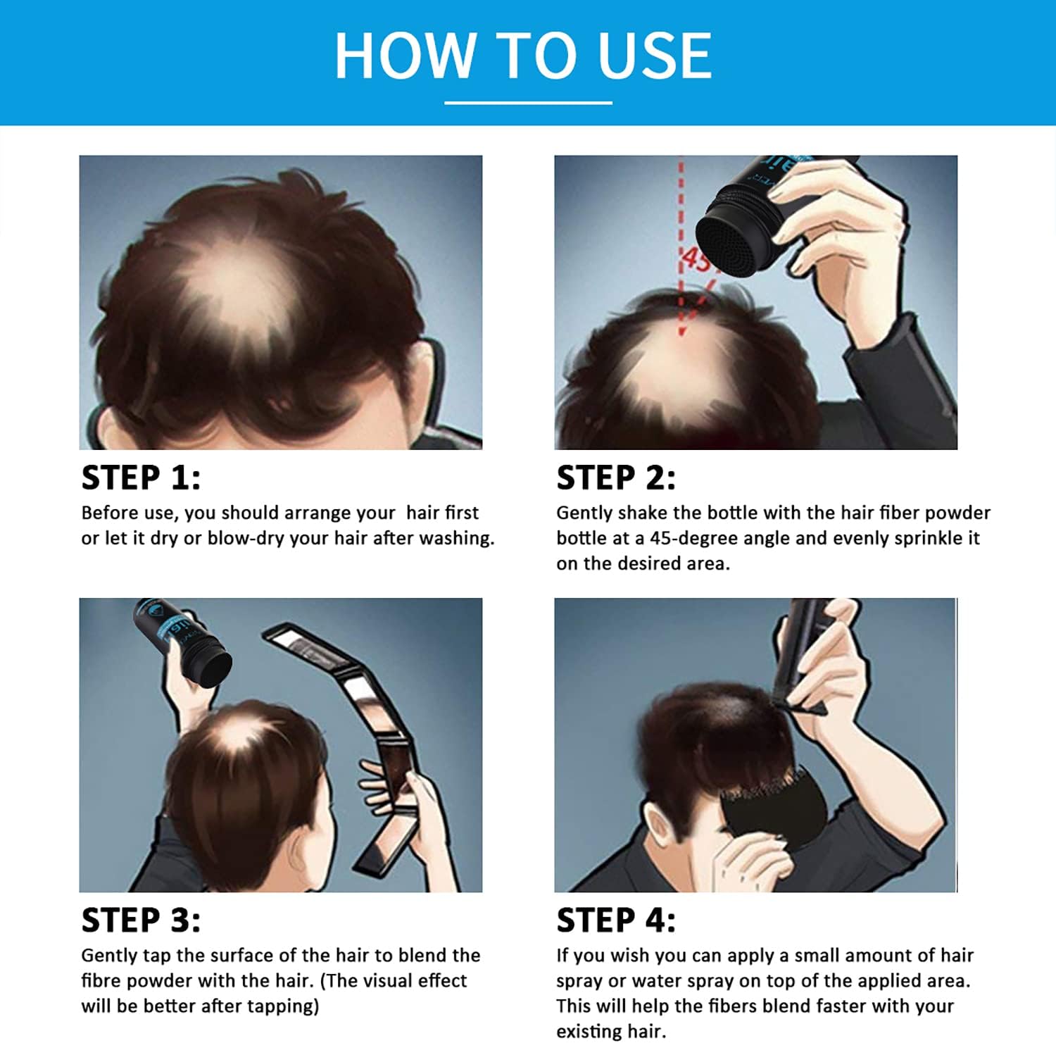 Fibres capillaires spray, correcteur cheveux fins, 2 pièces, noir