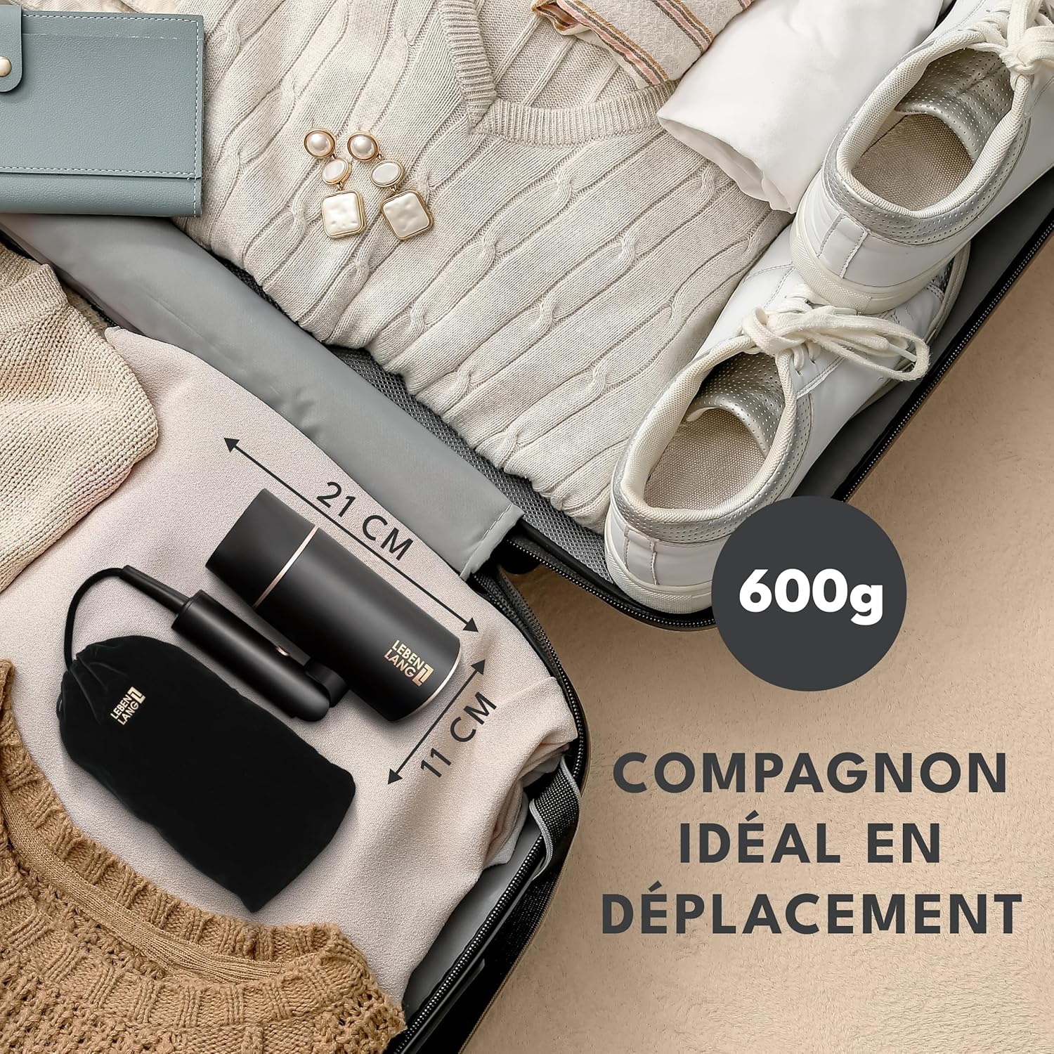 LEBENLANG - Sèche-cheveux compact pliable 2100W, ions & froid, Noir