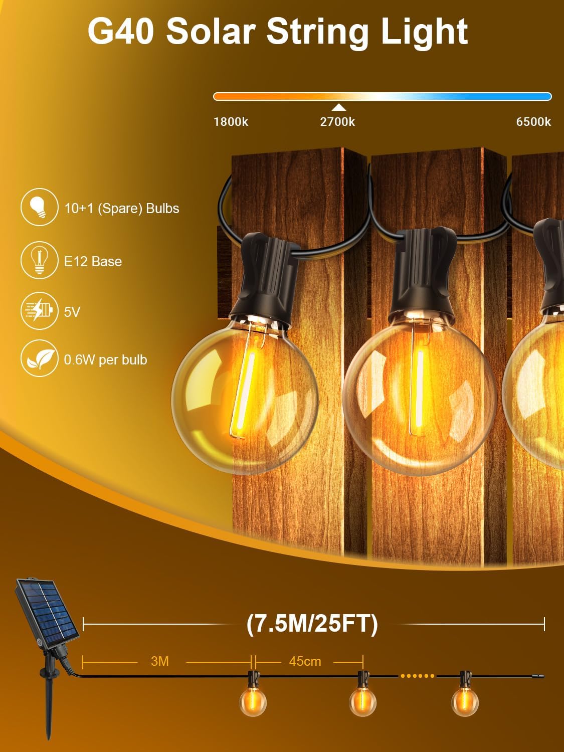 Guirlande Solaire Extérieure - G40 - 7.5m, 10+1 ampoules, 8 modes, IP44