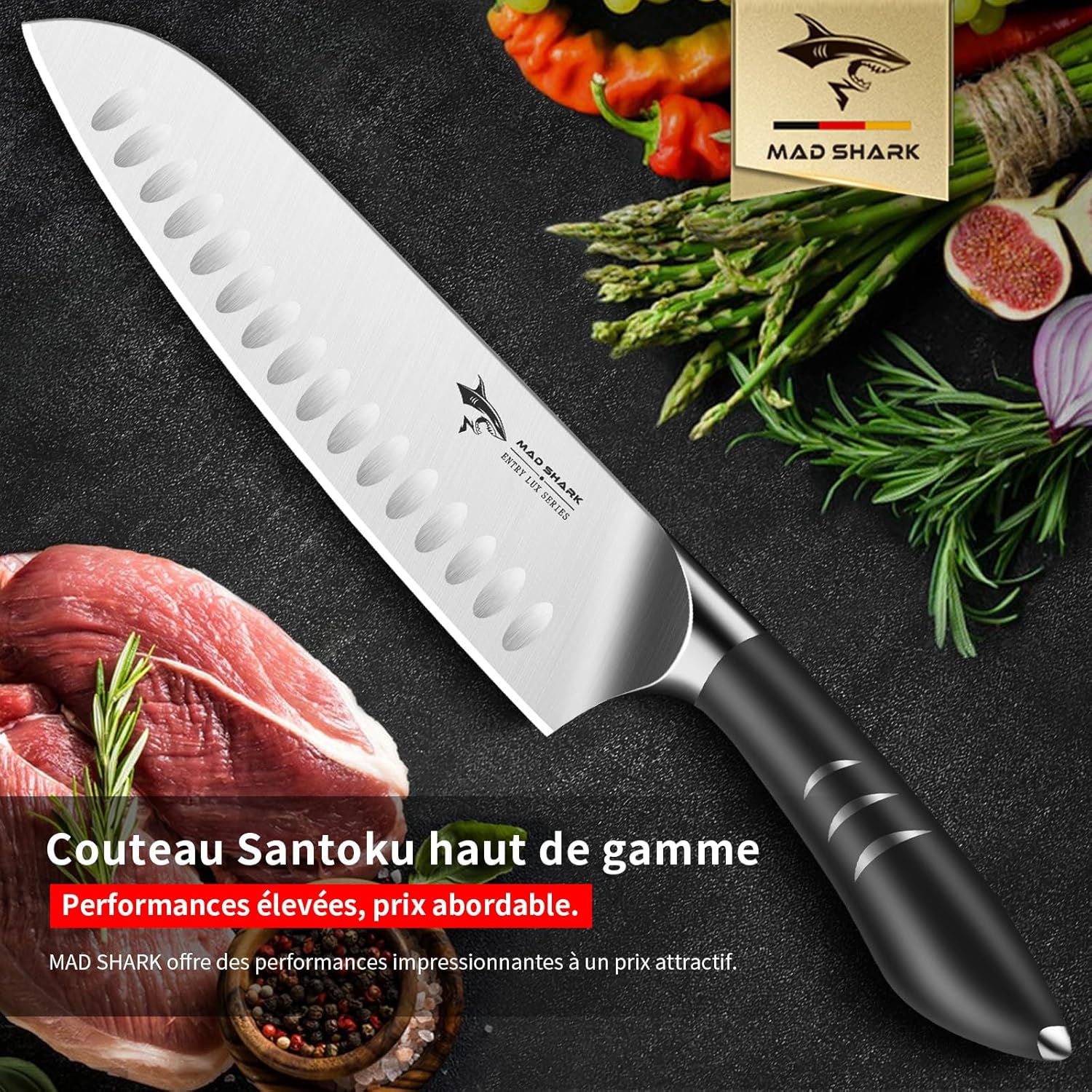 MAD SHARK - Santoku Série - 20 cm - Acier allemand, manche ergonomique