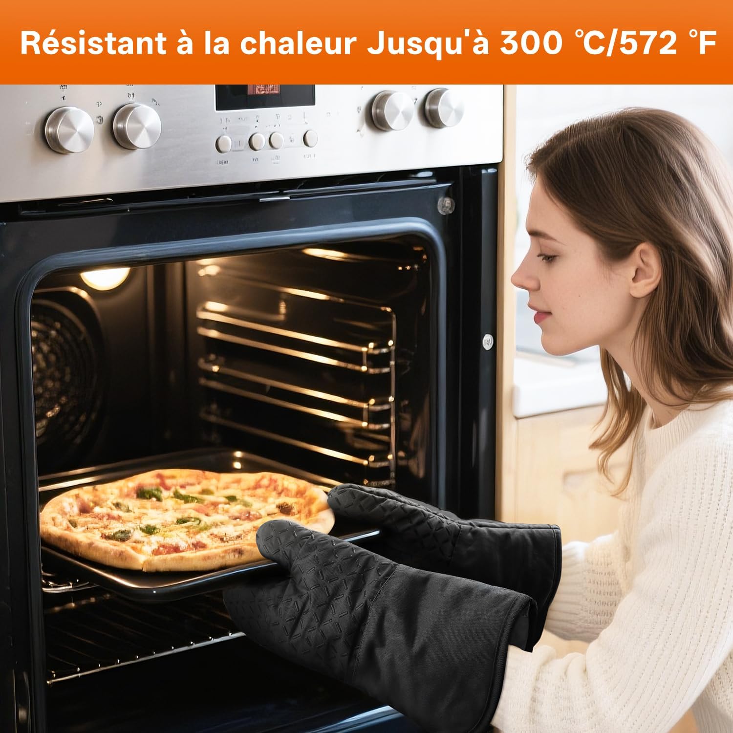 MILcea - Gants de Cuisine - 32cm - Silicone anti-chaleur, coton doux