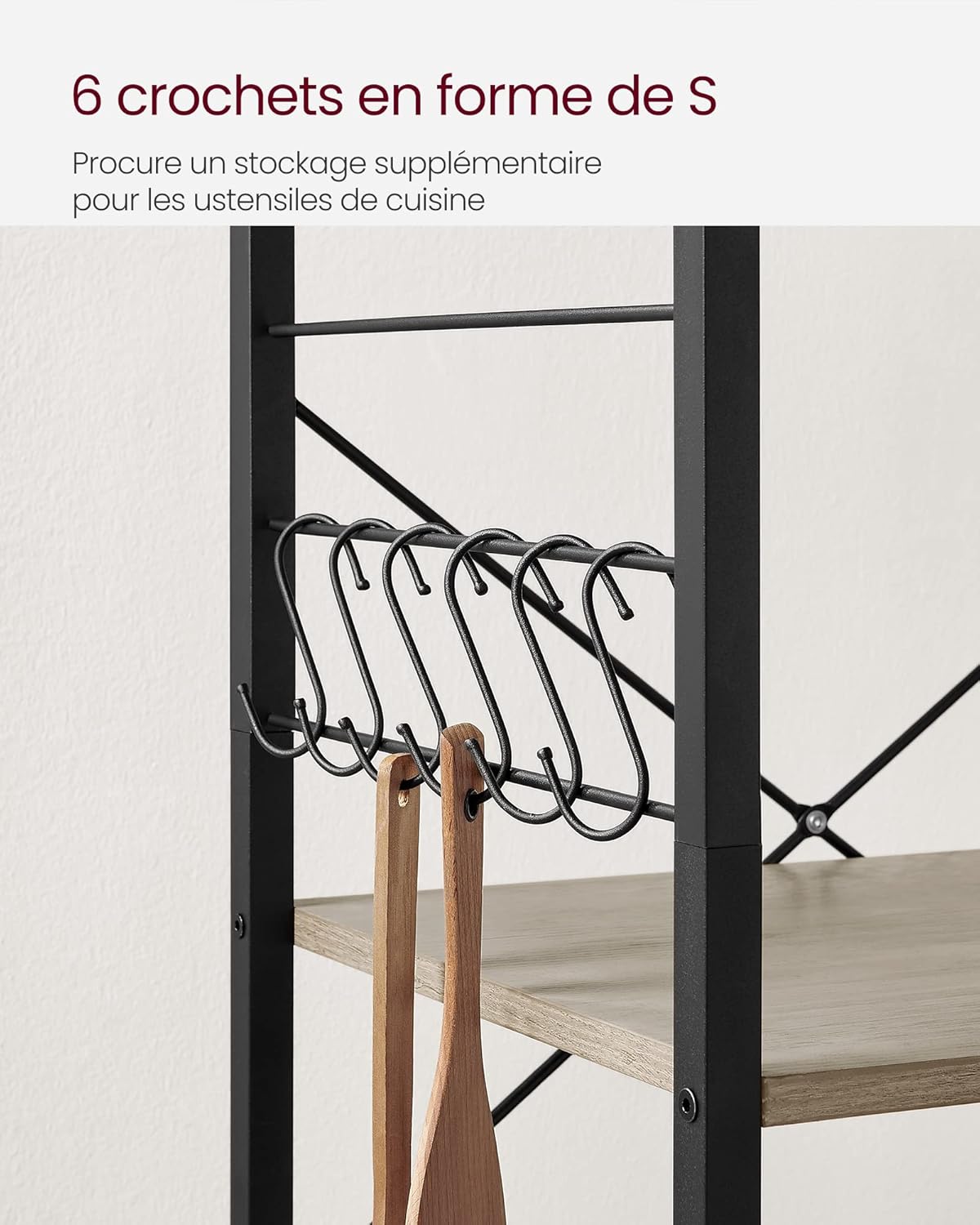 VASAGLE - étagère cuisine 3 niveaux, roulettes, 40x60x89cm, 6 crochets KKS060B02