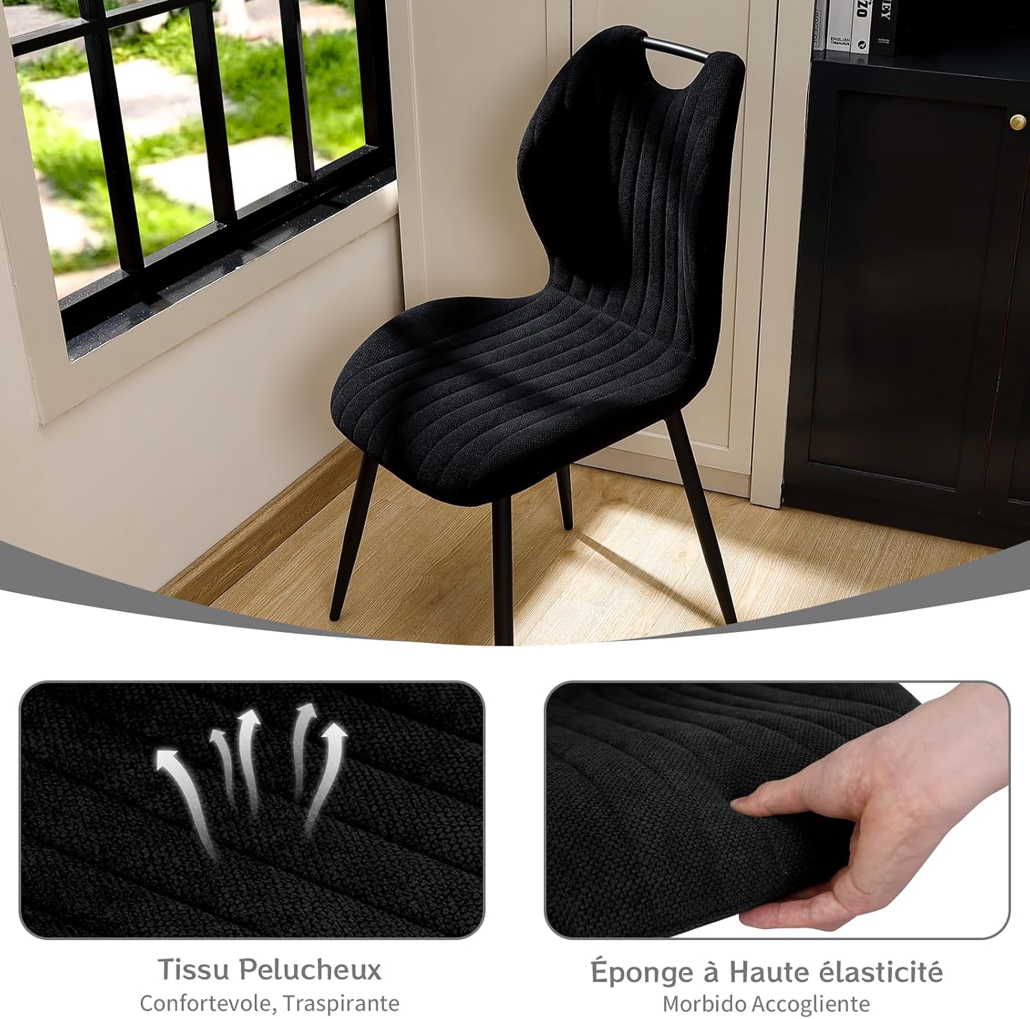 Chaises de salle à manger - lot de 6, dossier tissu, pieds métal, coloris noir, confort optimal