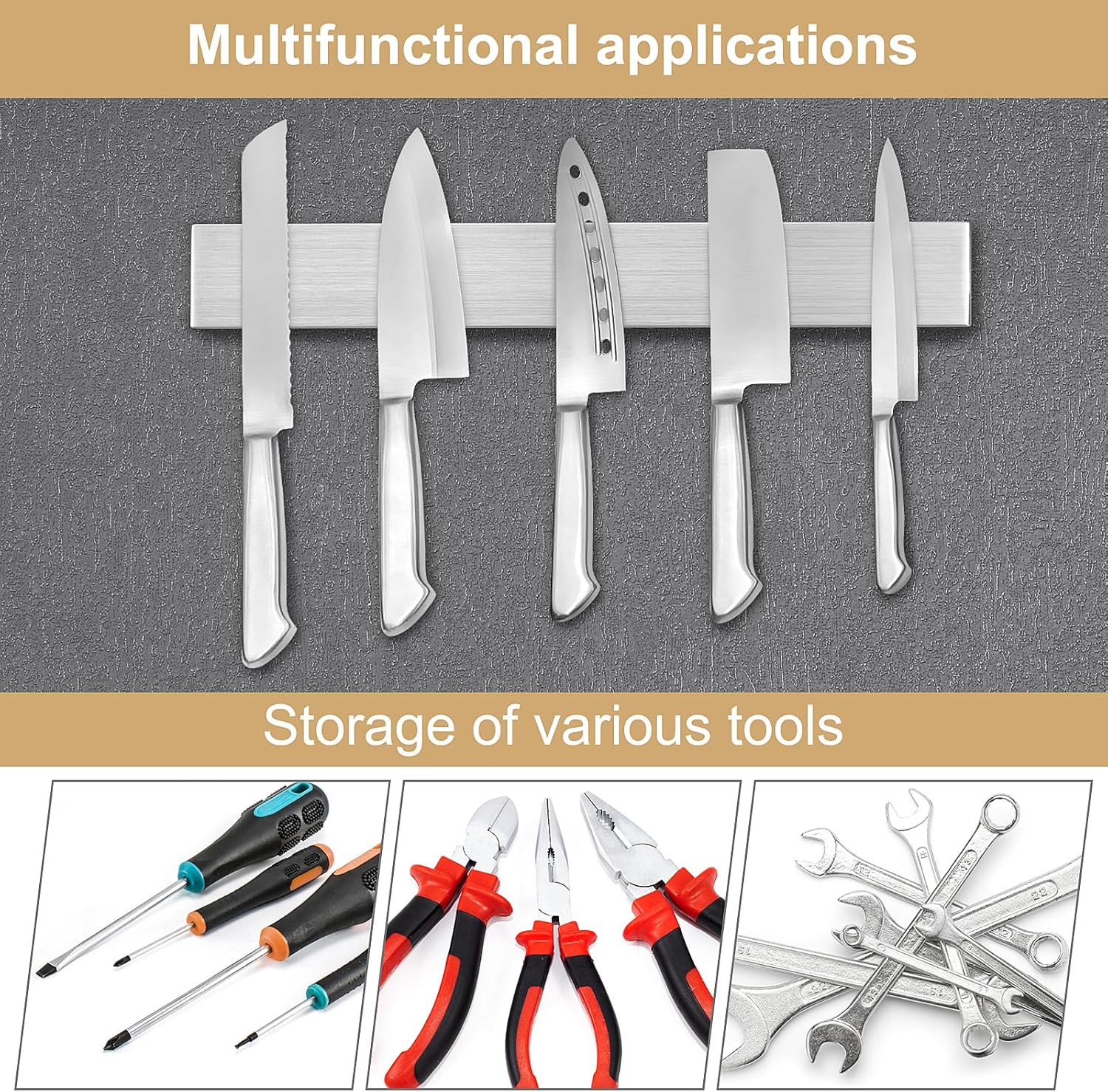 Porte-couteaux magnétique mural 30cm, inox, fixation sans perçage