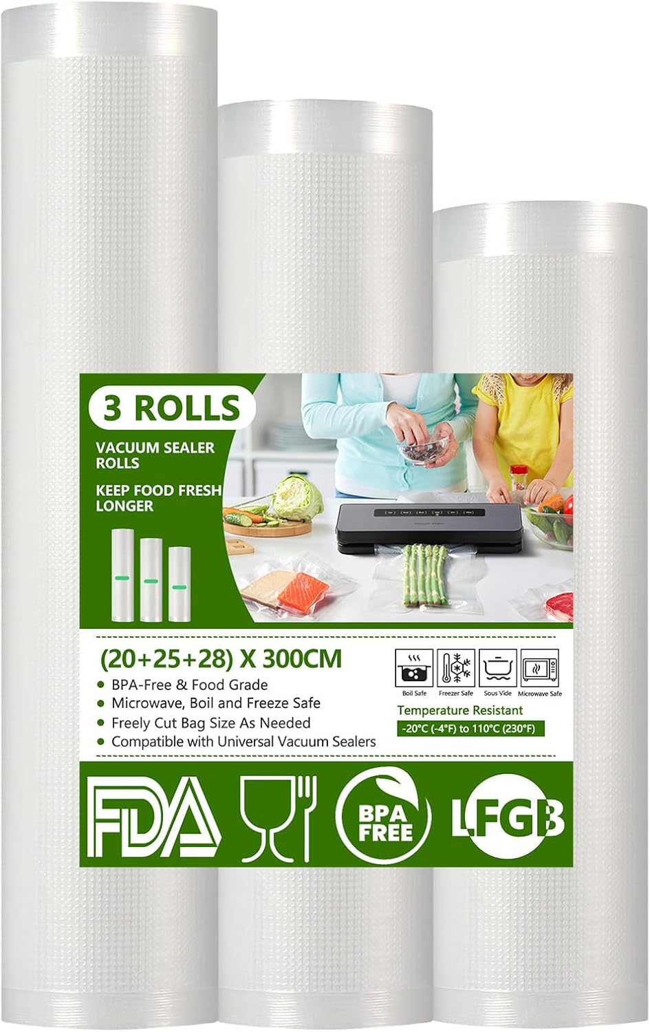 Diboniur - sacs sous vide alimentaire - 28/25/20x300cm - réutilisables, compatibles toutes machines