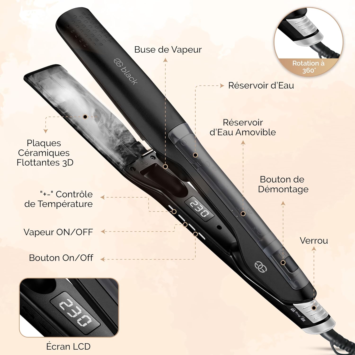 Golden Goods - Steampod Pro - lisseur ionique vapeur, céramique, 230°C