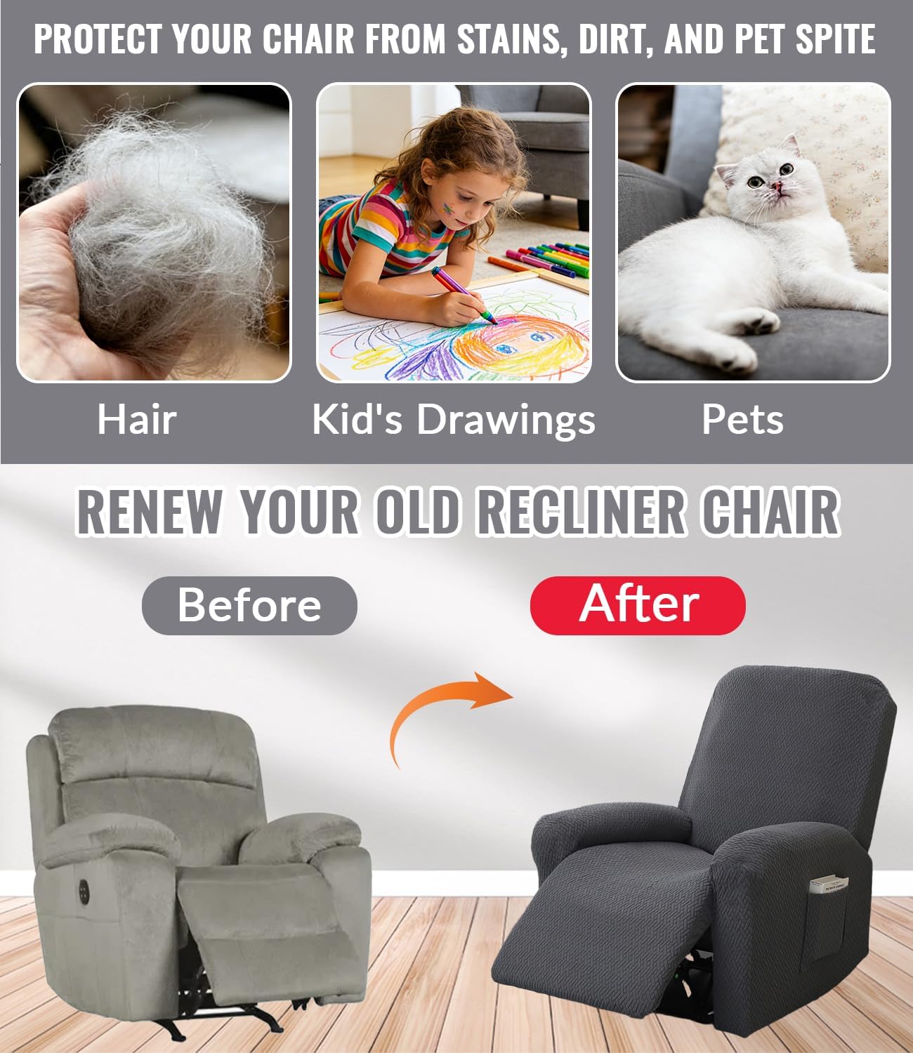 Housse de Fauteuil Relax - jacquard gris clair - extensible 4 pièces avec poches