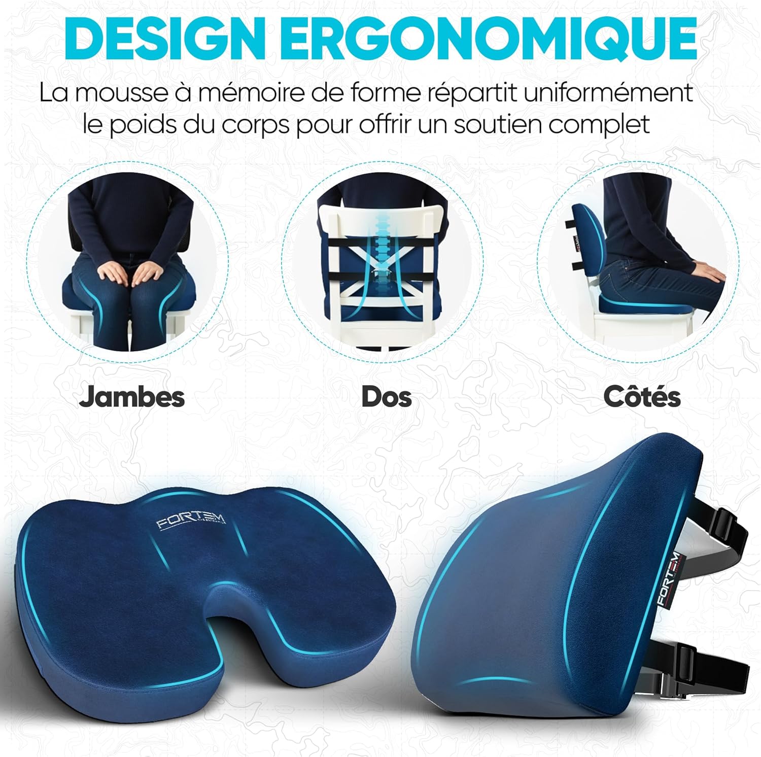 FORTEM - coussin lombaire/assise mémoire de forme - antidérapant - soutien dos et confort chaise/auto