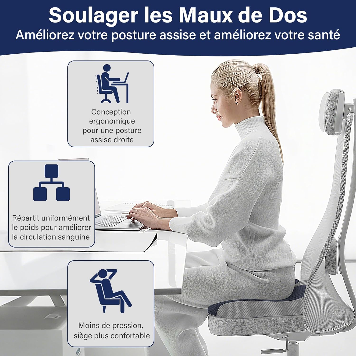 Coussin coccyx - ergonomique, soulage douleur hanches & sciatique, assise chaise bureau, gris foncé