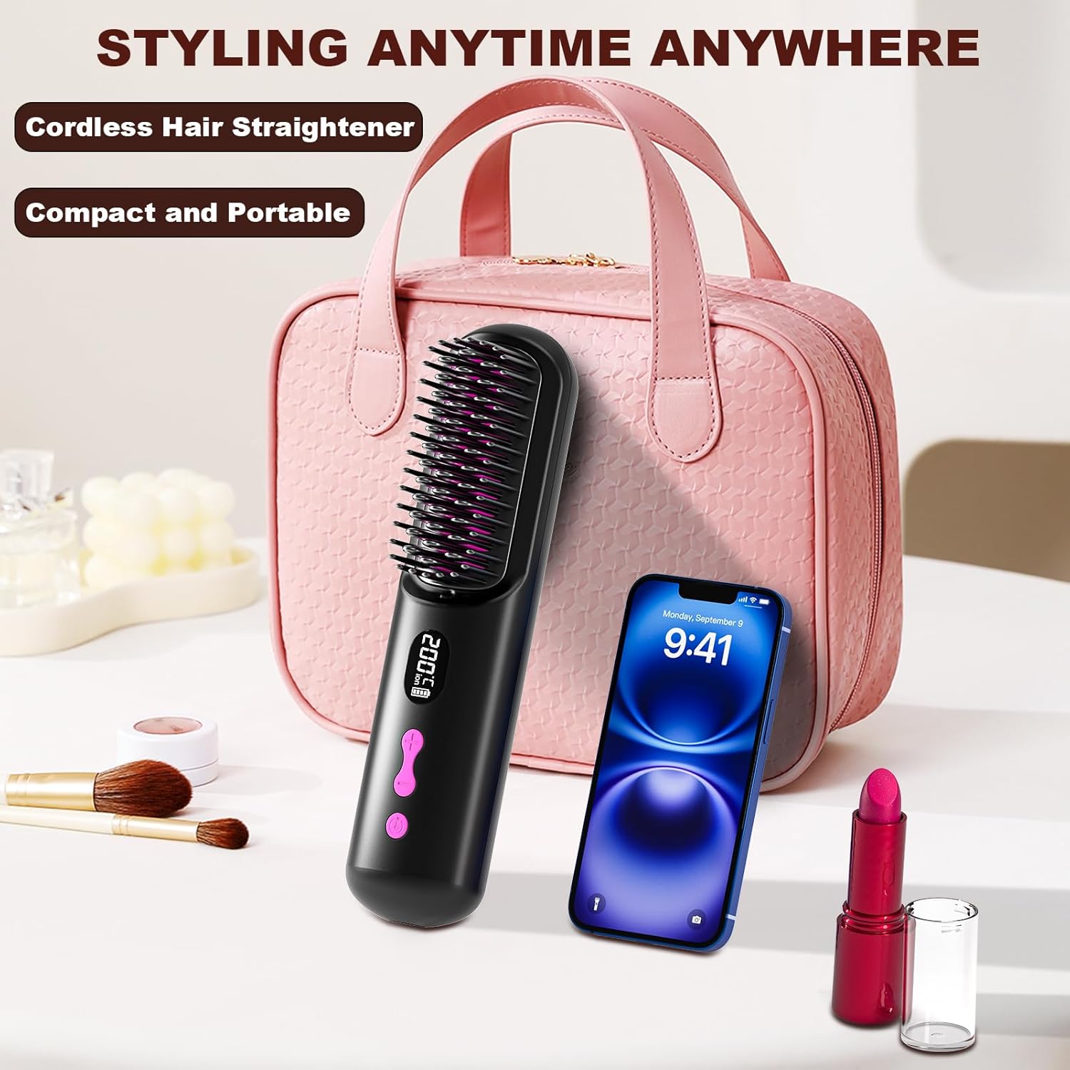 Brosse lissante sans fil - rechargeable USB 9600mAh, ions négatifs, chauffante, portable