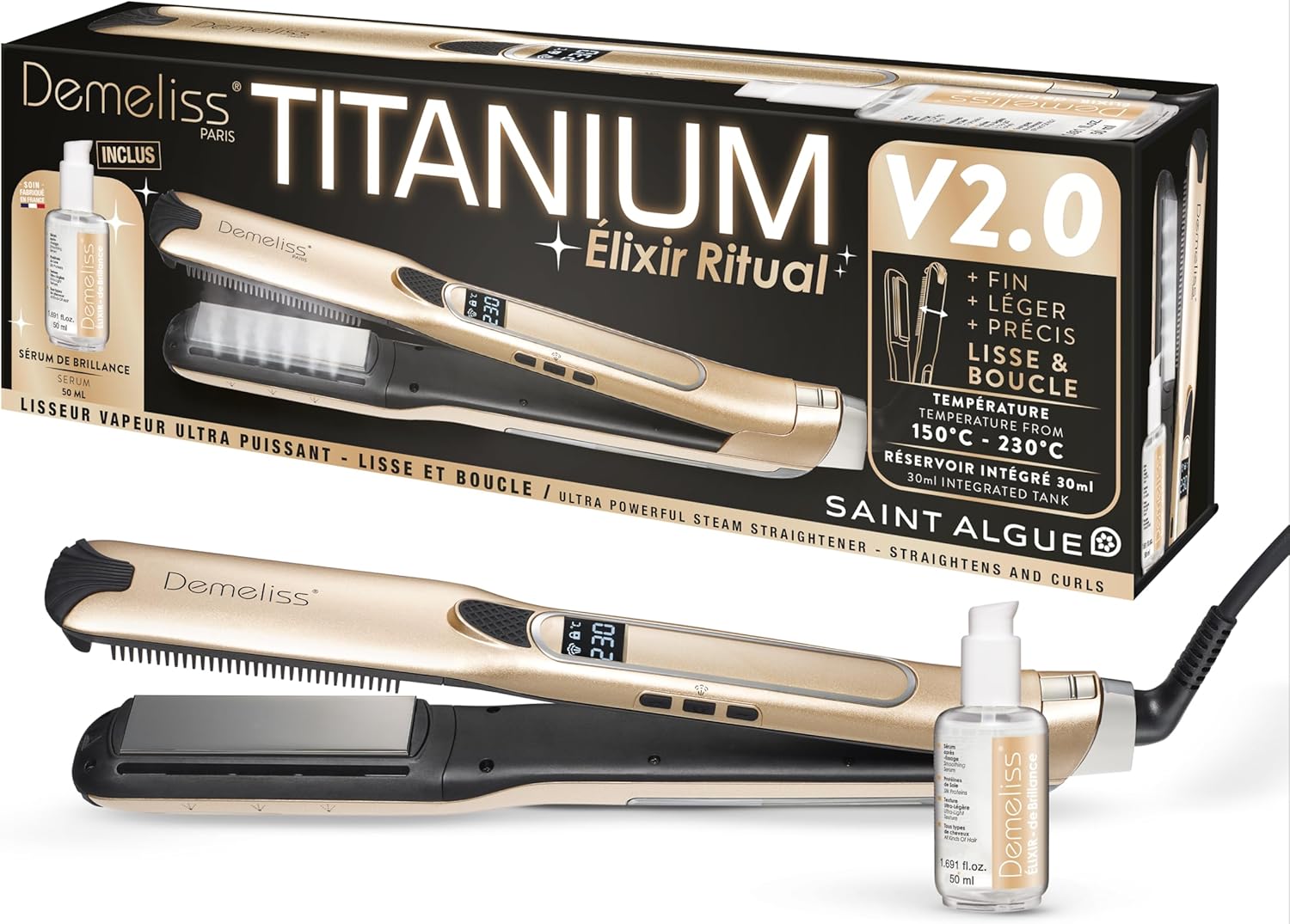 Demeliss - Lisseur vapeur Titanium V2.0 - plaques fines, 30ml, 5 températures, écran digital