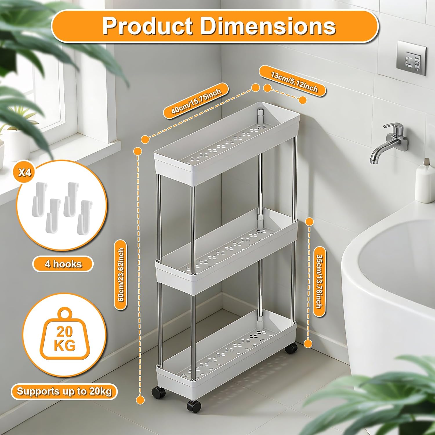 Chariot de rangement 3 niveaux, étagère mobile, blanc, compact, cuisine/salle de bain