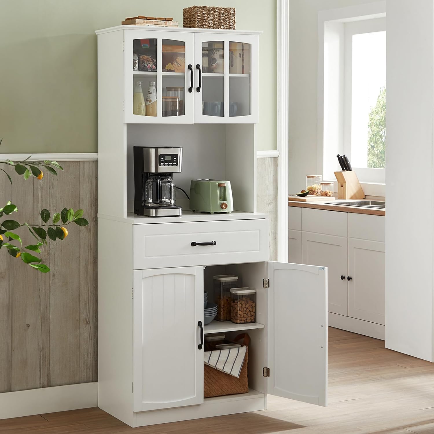 VASAGLE - buffet haut moderne, portes vitrées, étagères réglables, passage câbles, blanc, LSC361W21