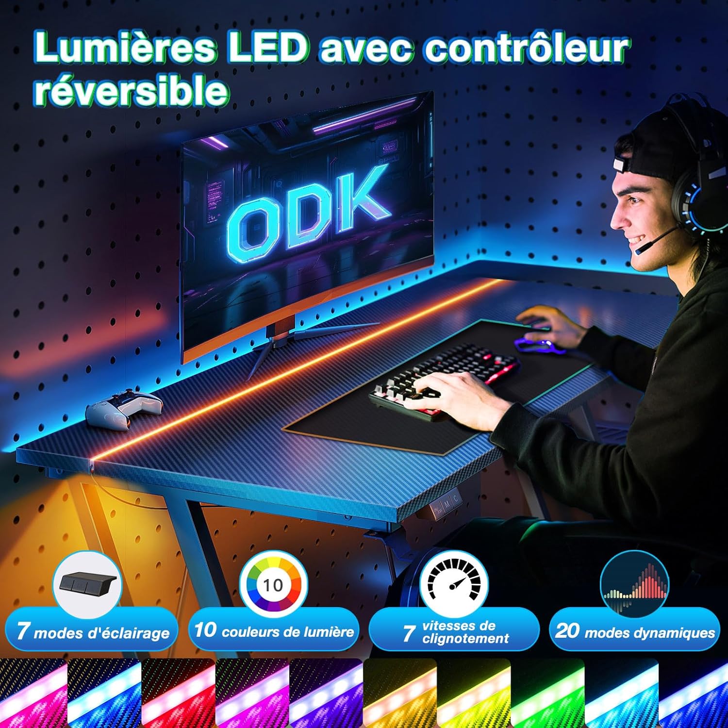 ODK - Bureau Gaming - 80x50 cm - LED, porte-gobelet, crochet casque