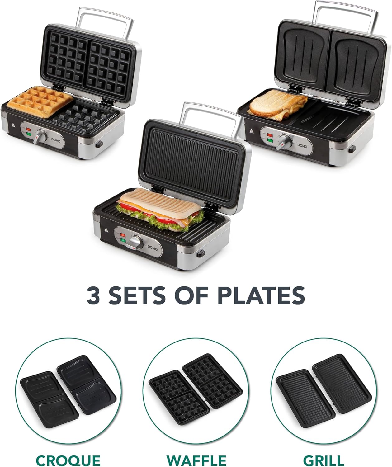 DOMO - Snackmaker 3-en-1 inox/Noir, plaques antiadhésives, DO9136C