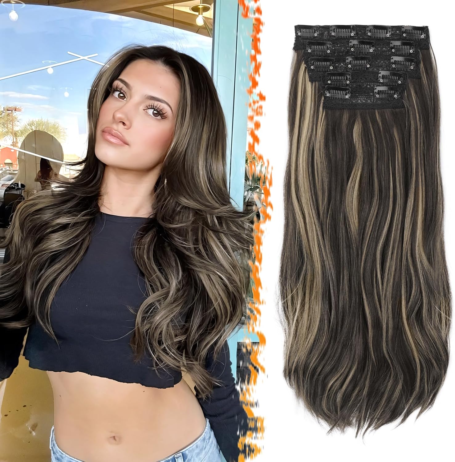 BARSDAR - Extensions cheveux synthétiques 50cm, ondulées, marron foncé blond, 5 pièces