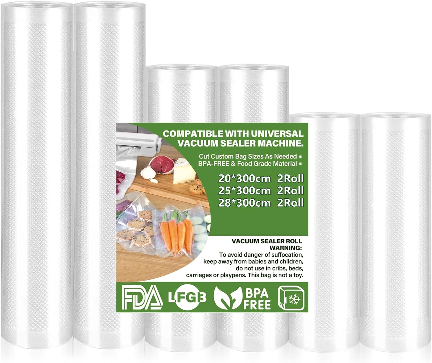 Sac sous vide alimentaire - pack 6 rouleaux - 28/25/20x300cm - sans BPA