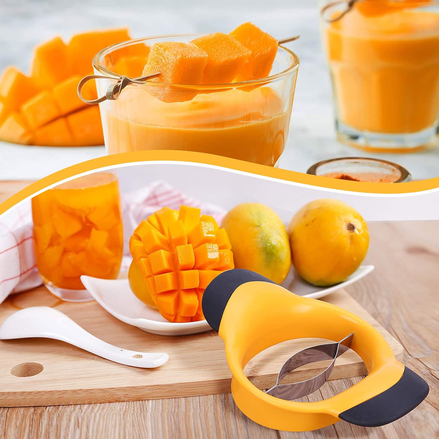 Trancheuse à mangue - acier inoxydable - jaune - coupe et carotte mangues