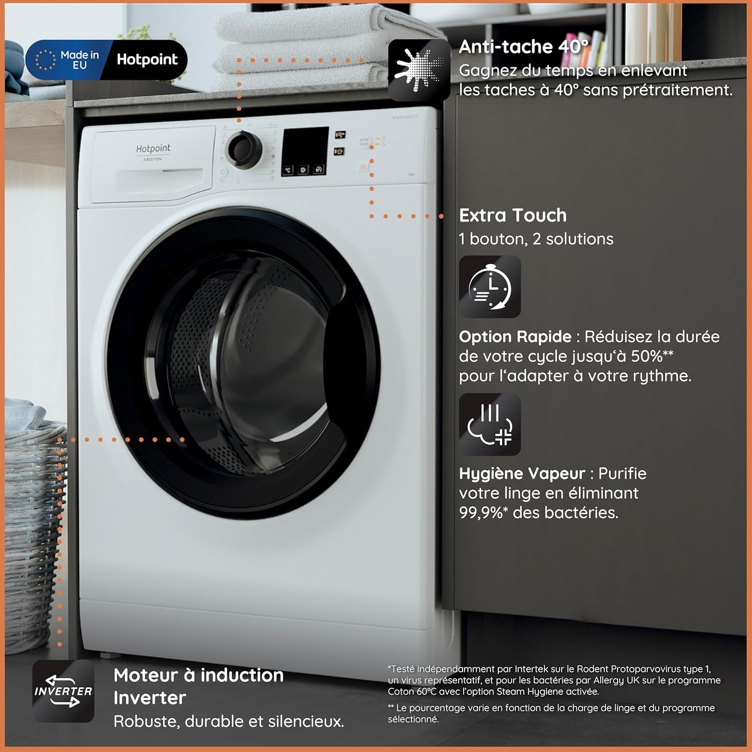 Hotpoint - Lave-linge série 10kg, 1400tr/min, Inverter, Steam Hygiene - NS1069CWKEUN