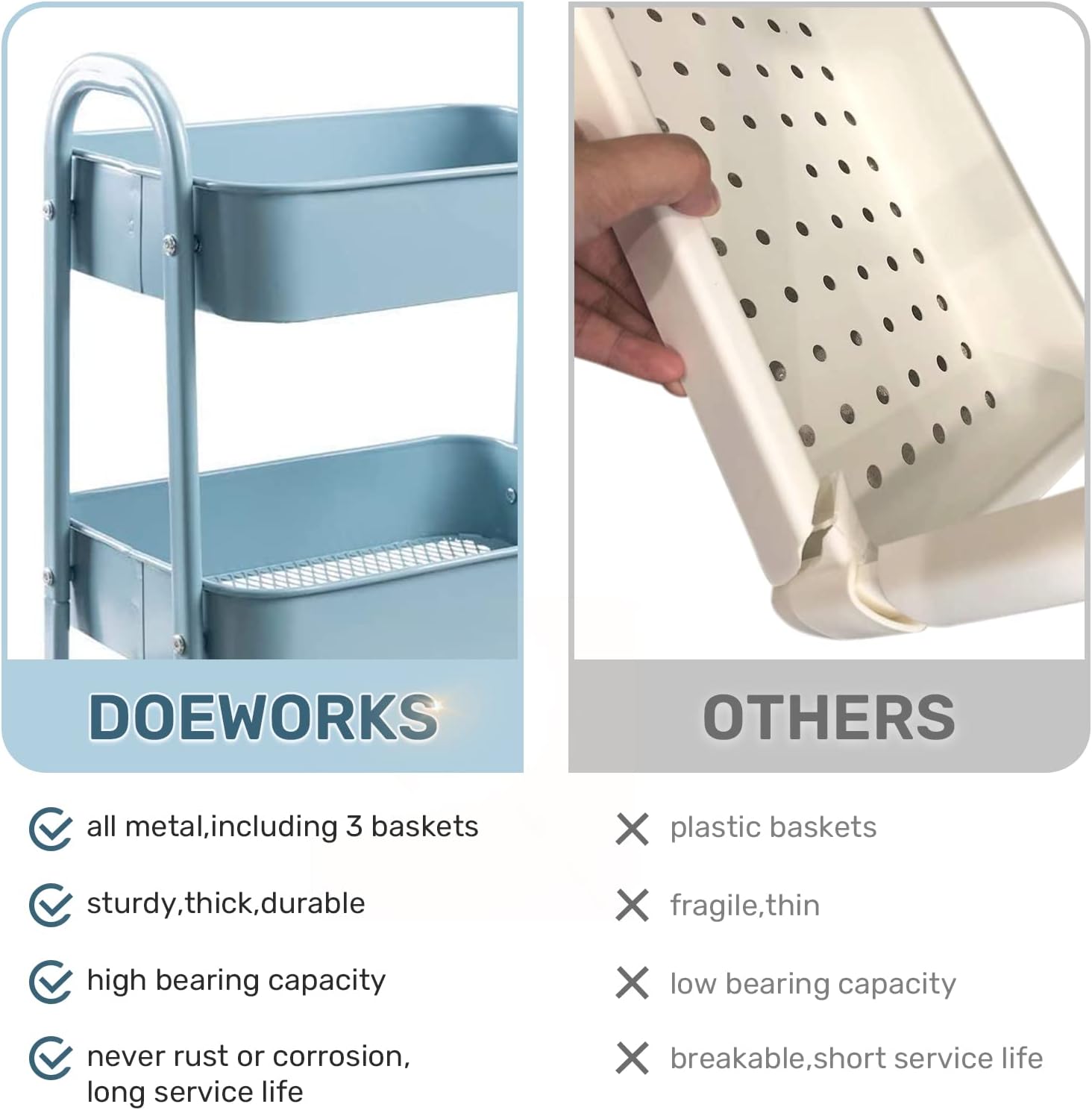 DOEWORKS - chariot métal 3 niveaux gris-bleu, roulettes, rangement mobile