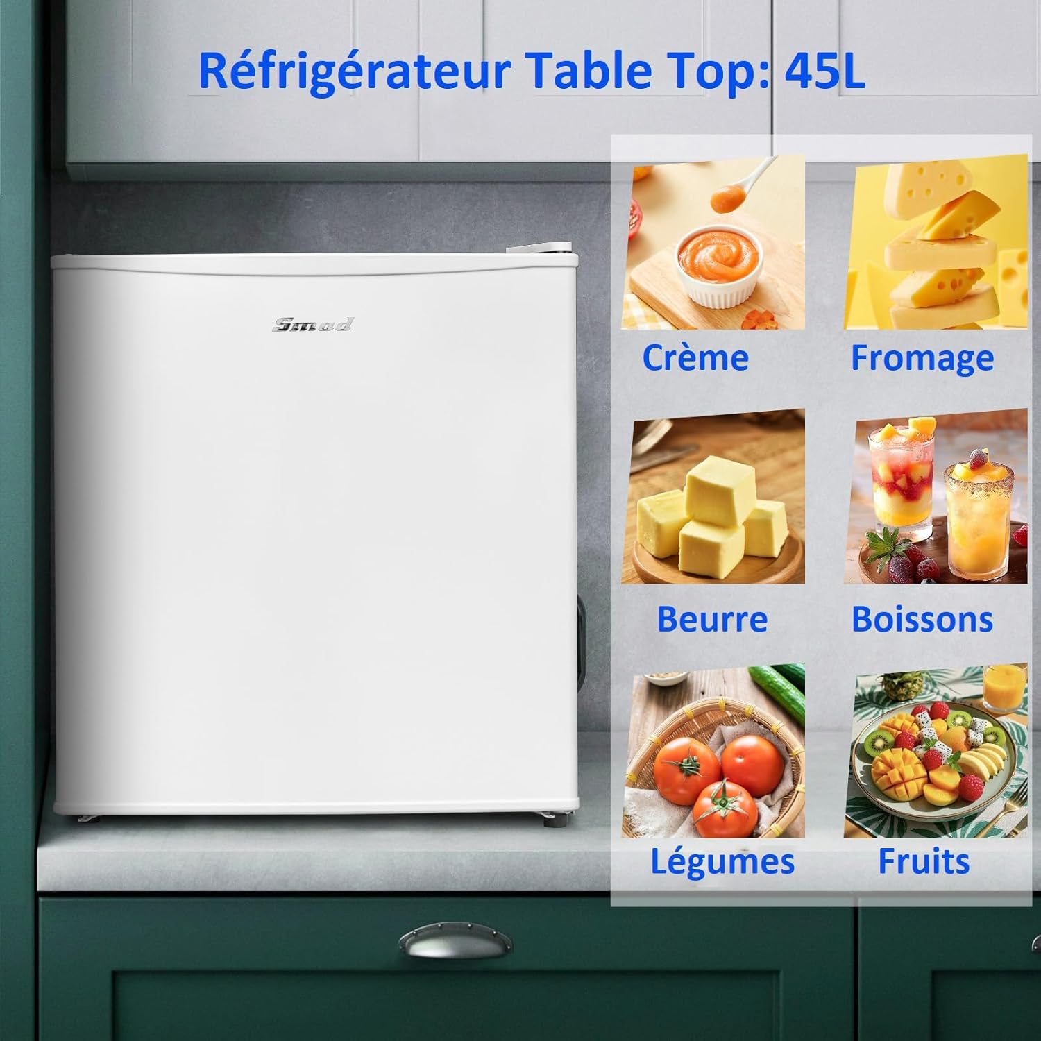 Smad - Mini frigo 48L - porte réversible, 0-10°C, blanc, compact