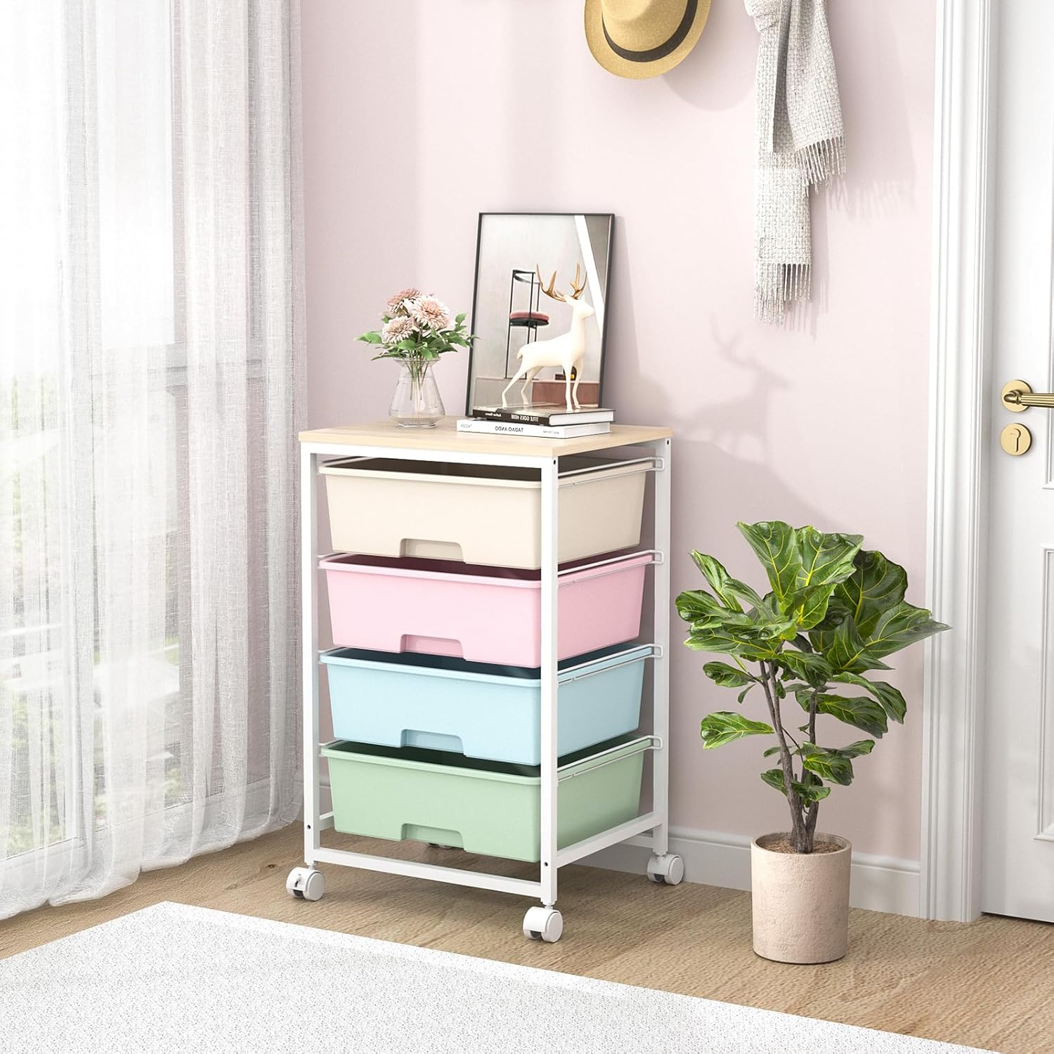 Chariot de rangement - 4 tiroirs, roulettes, plateau bois, grande capacité, multicolore - idéal cuisine/salon/chambre
