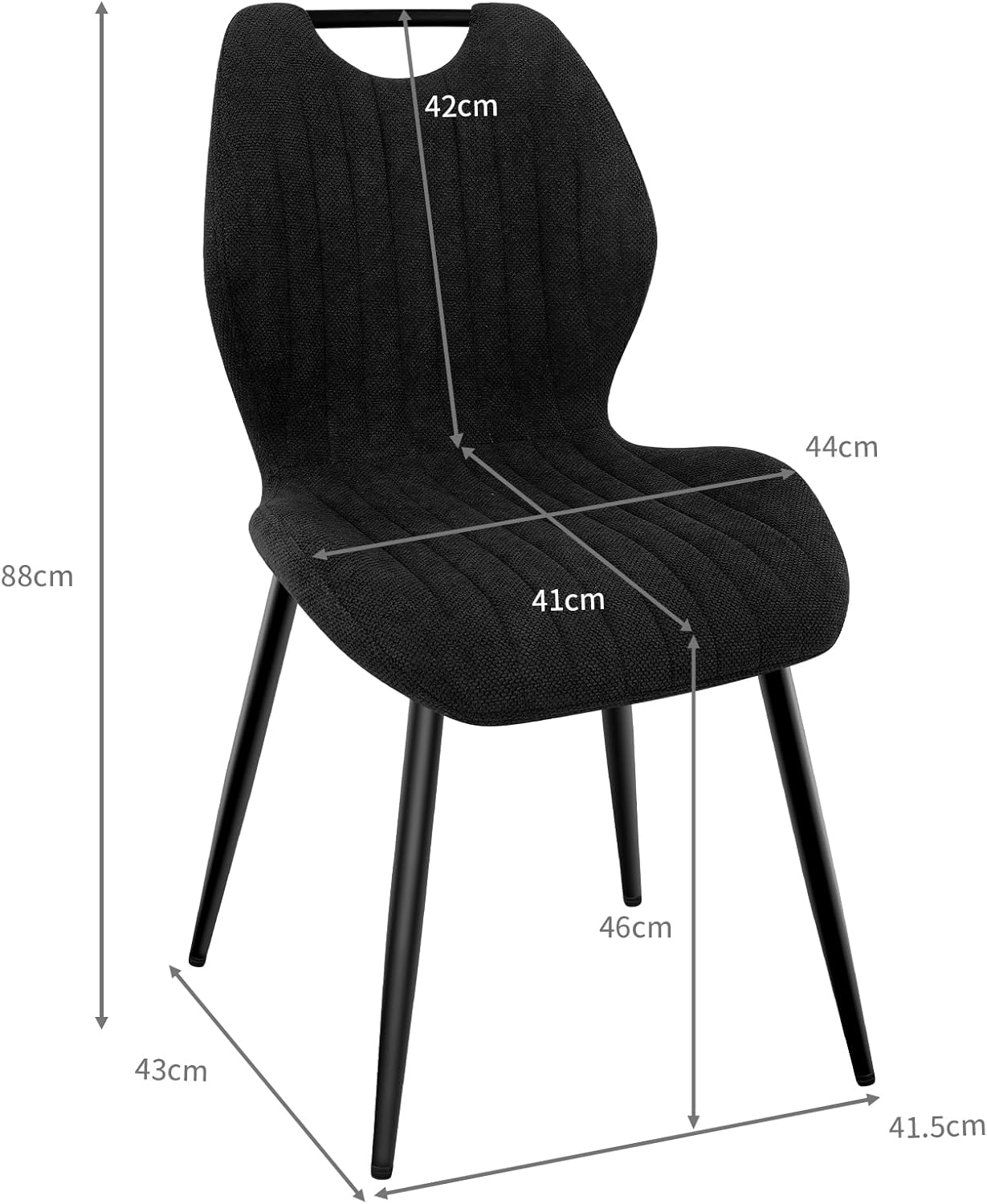 Chaises de salle à manger - lot de 6, dossier tissu, pieds métal, coloris noir, confort optimal