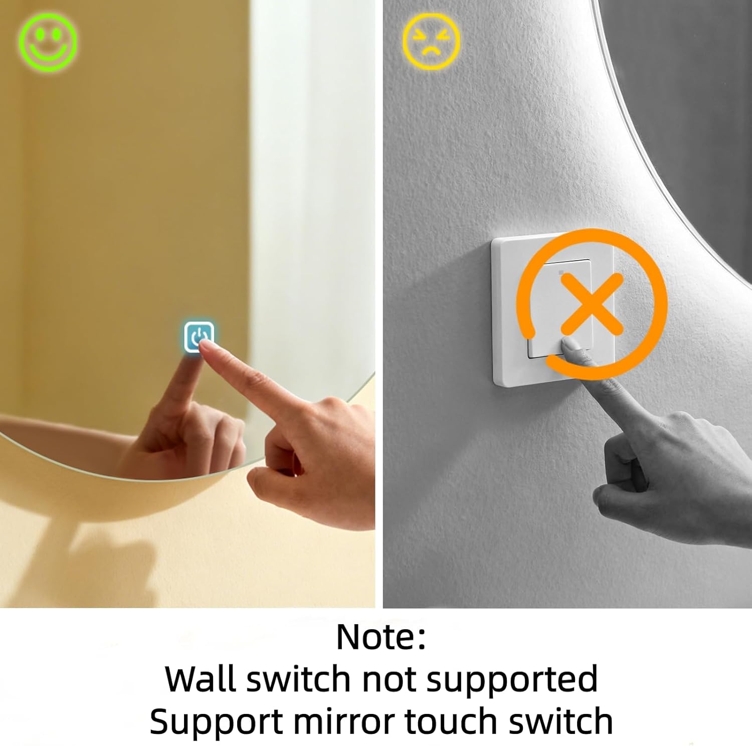 Miroir mural LED salle de bain, 60x45 cm, éclairage tactile, 3 couleurs