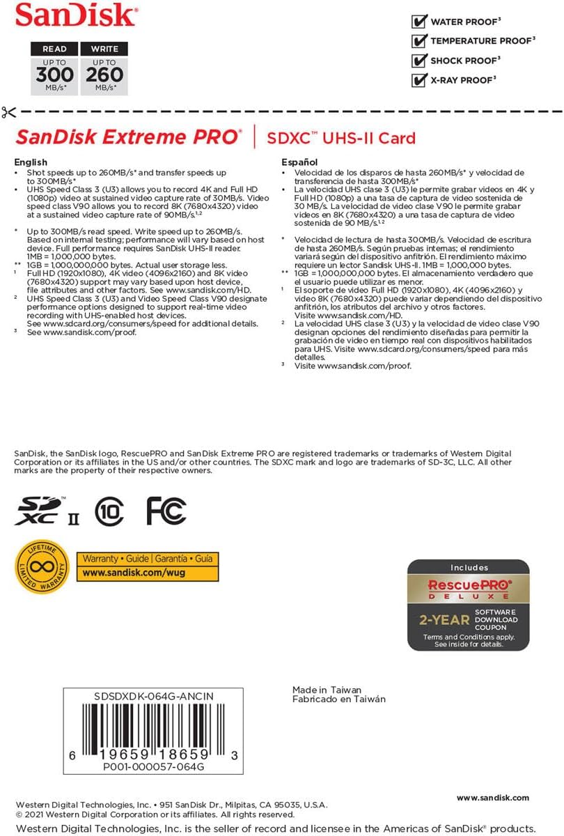 SanDisk - Extreme PRO SDXC 64 Go - UHS-II, V90, 300 Mo/s, 4K/8K - SDSDXDK-064G-GN4IN