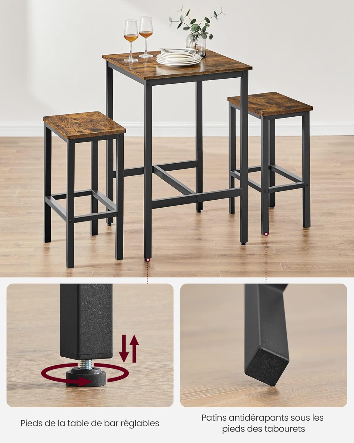 VASAGLE - Ensemble table de bar 2 tabourets, compact, bois métal, LBT017B01